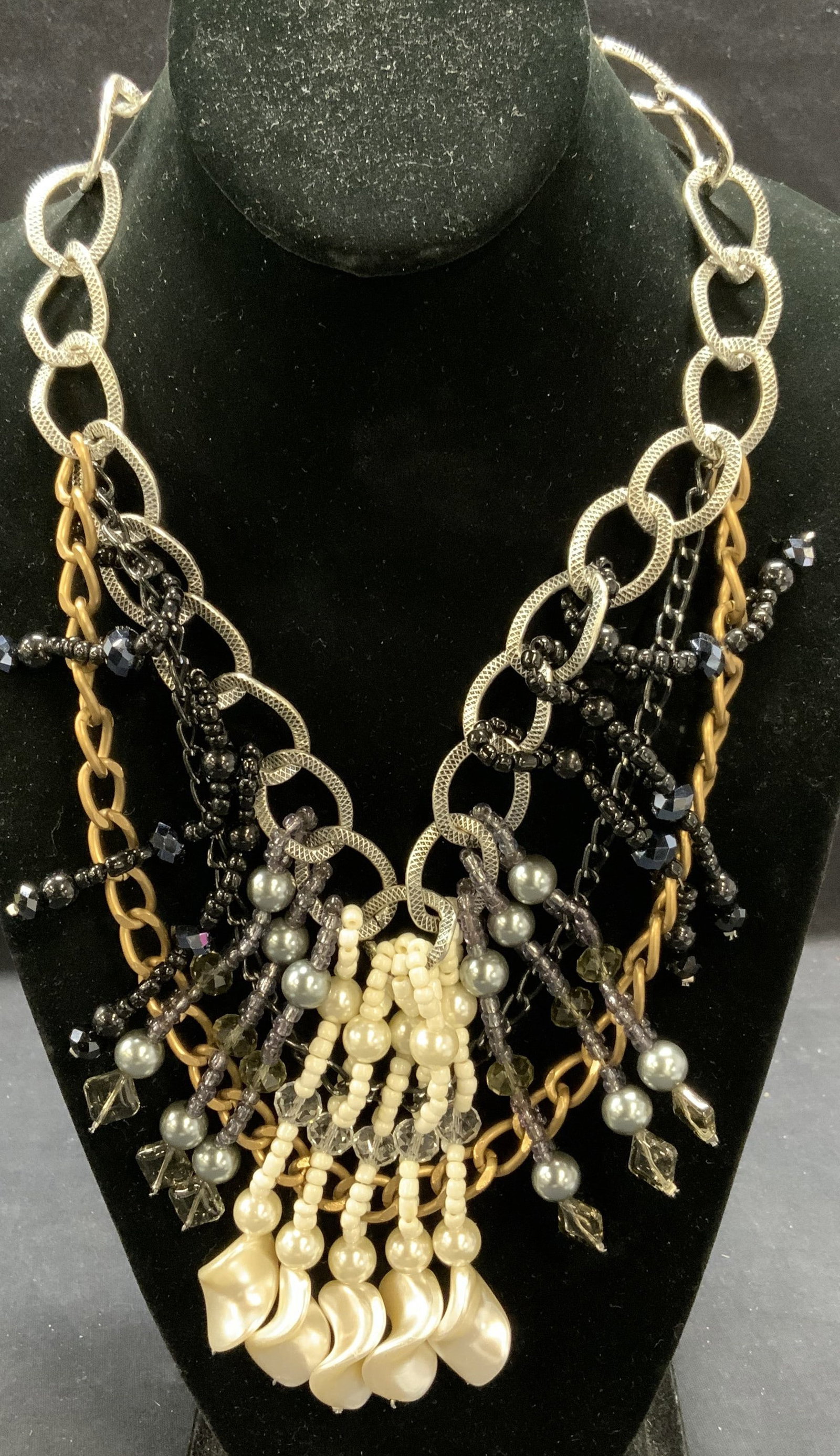 Faux Pearl Beaded Choker Bib Necklace: Silver and copper toned faux pearl and black beaded choker Bible necklace. Drop length approx. 7.5 inches. Bib measures approx. 4 inches long. Some surface wear including scratching observed. Estate j