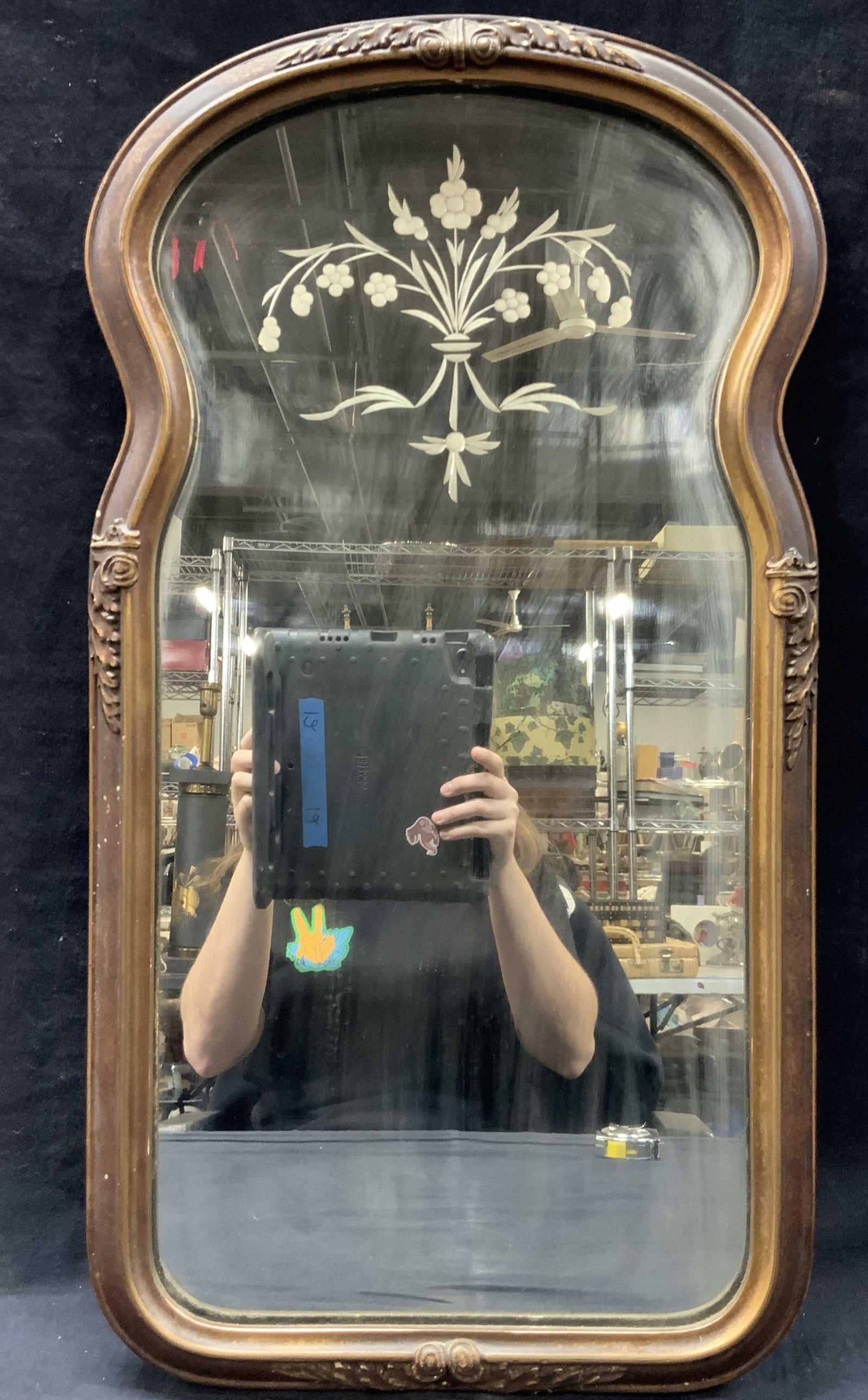 Vintage Carved Wooden & Etched Nurre Wall Mirror: Vintage Nurre mirror with carved Wooden frame with raised edges with spiral and floral designs, top half of the mirror is etched with floral bouquet design. Approx 26 inches tall and 14 inches wide, g