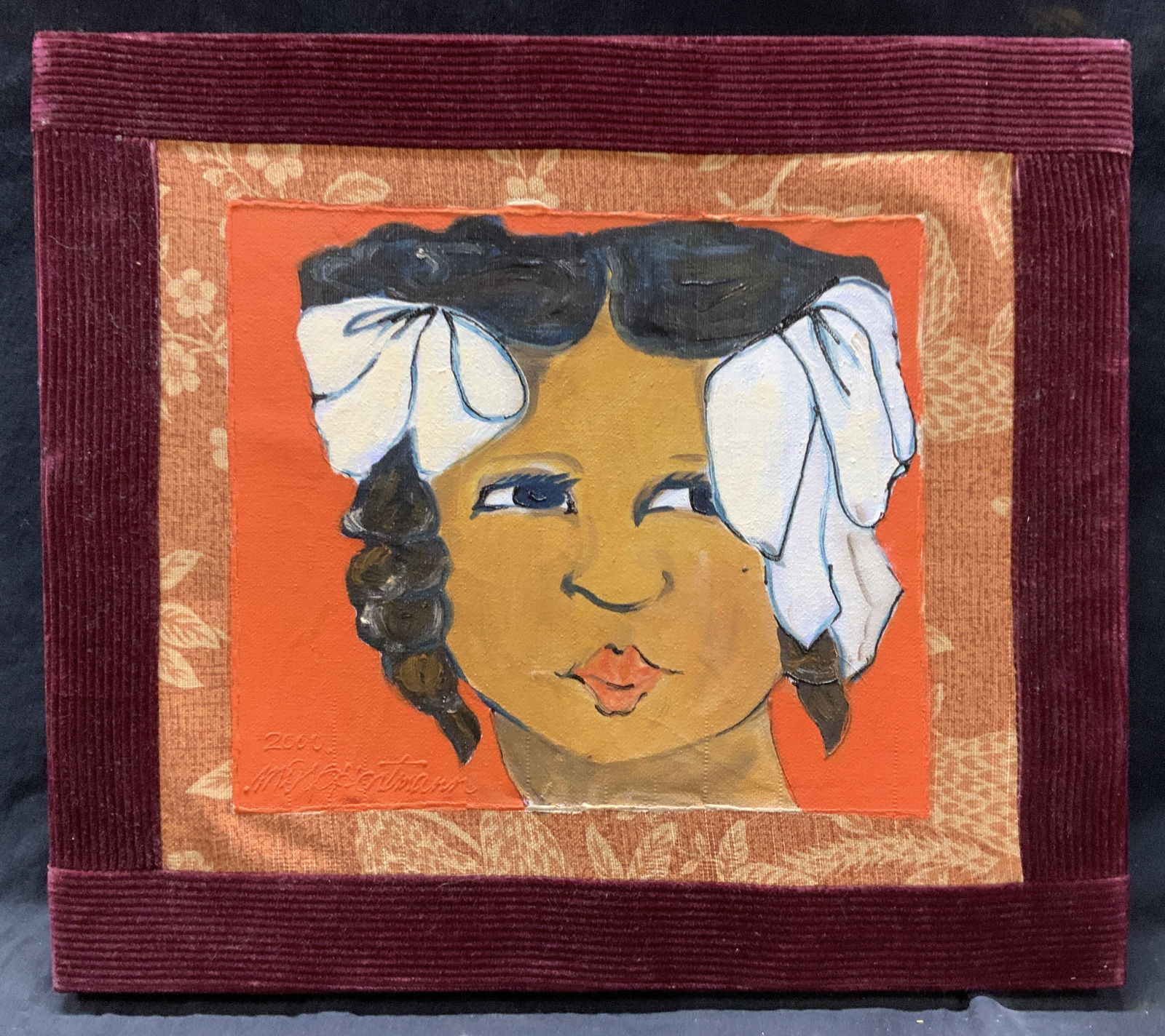 Sgd Acrylic Portrait Painting On Fabric 2000: Signed on lower left corner, illegible. Dated 2000 Depicts a portrait of a young girl with ribbons in her hair, painted on stretched fabric with a velvet boarder. Approx 14 x 16 inches Moderate wearin