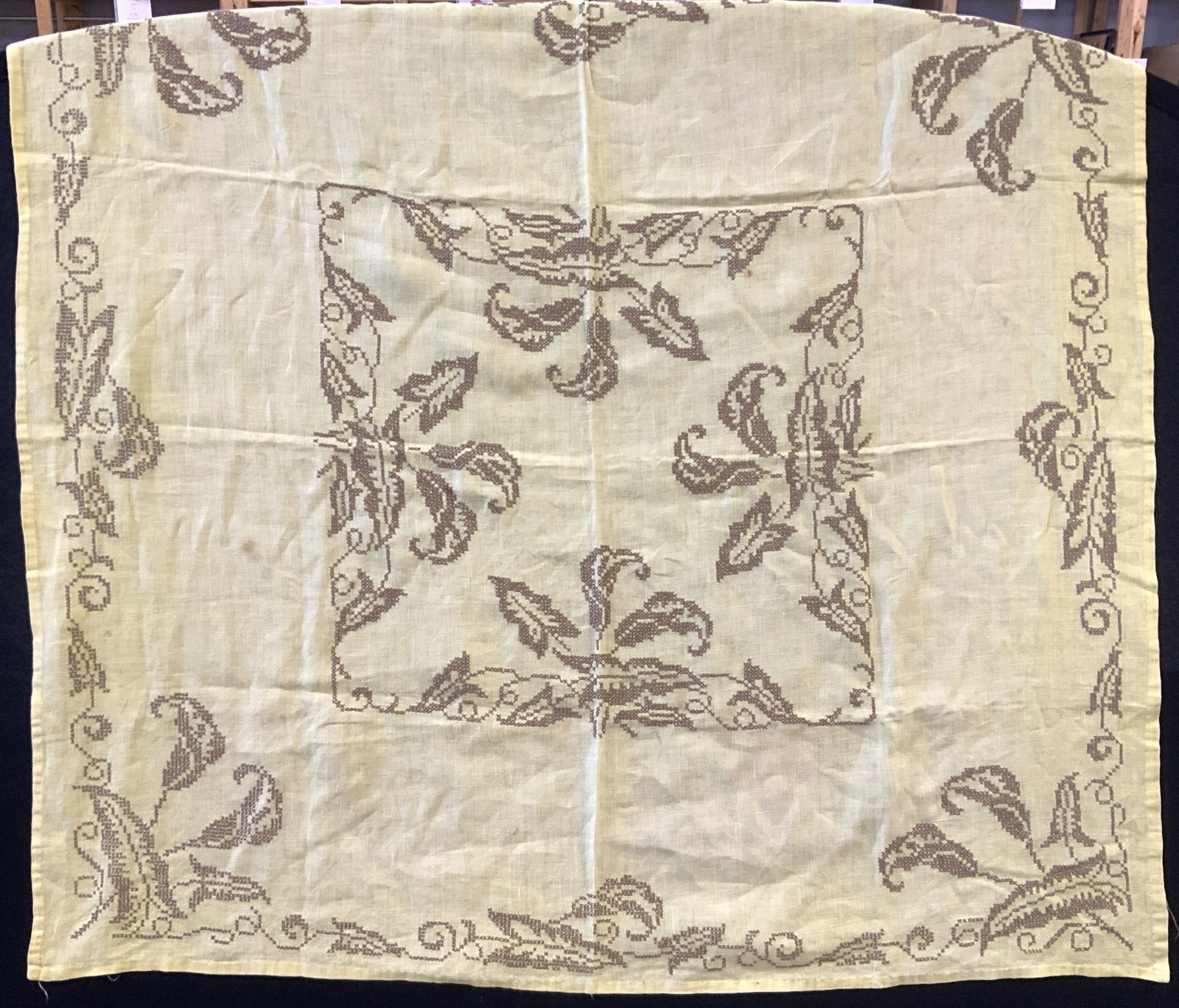 Vintage Cross Stitch Yellow Linen Tablecloth (1 of 7)