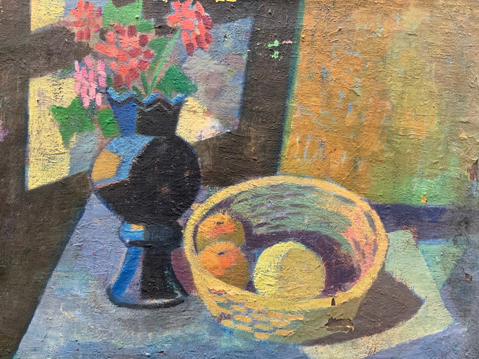 Vtg Sgd Still Life Oil Pastel Drawing: Vintage oil pastel drawing signed on lower right corner, illegible. Depicts a still life of a basket filled with fruit and a vase with flowers in a color block style. No frame approx 22 x 30.5 inches 