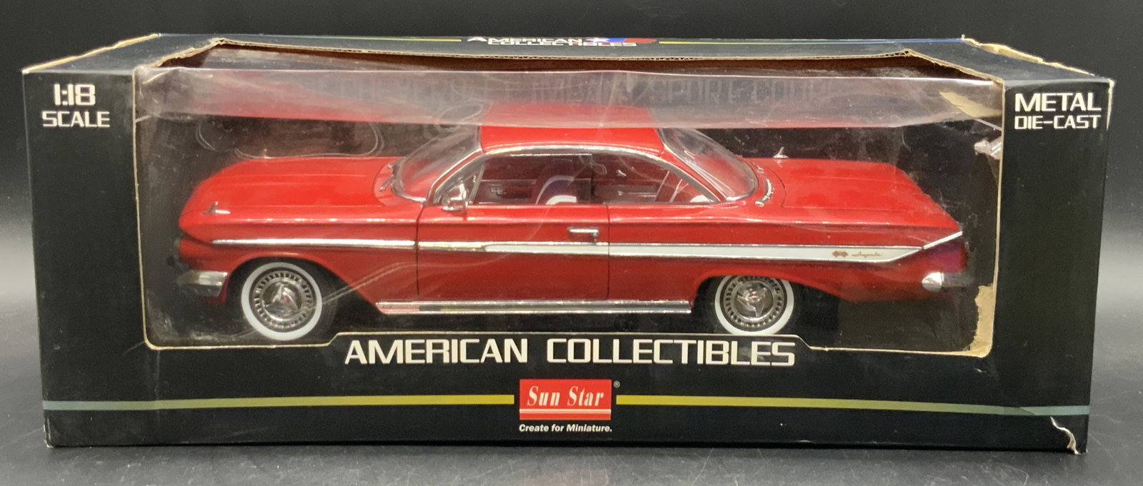 AMERICAN COLLECTIBLES Die Cast Metal Car, Box: AMERICAN COLLECTIBLES Die Cast Metal Car in original packaging. Car is a red impala. Packaging reads AMERICAN COLLECTIBLES, SUN STAR, METAL DIE CAST. Packaging appears to have been partially opened. B