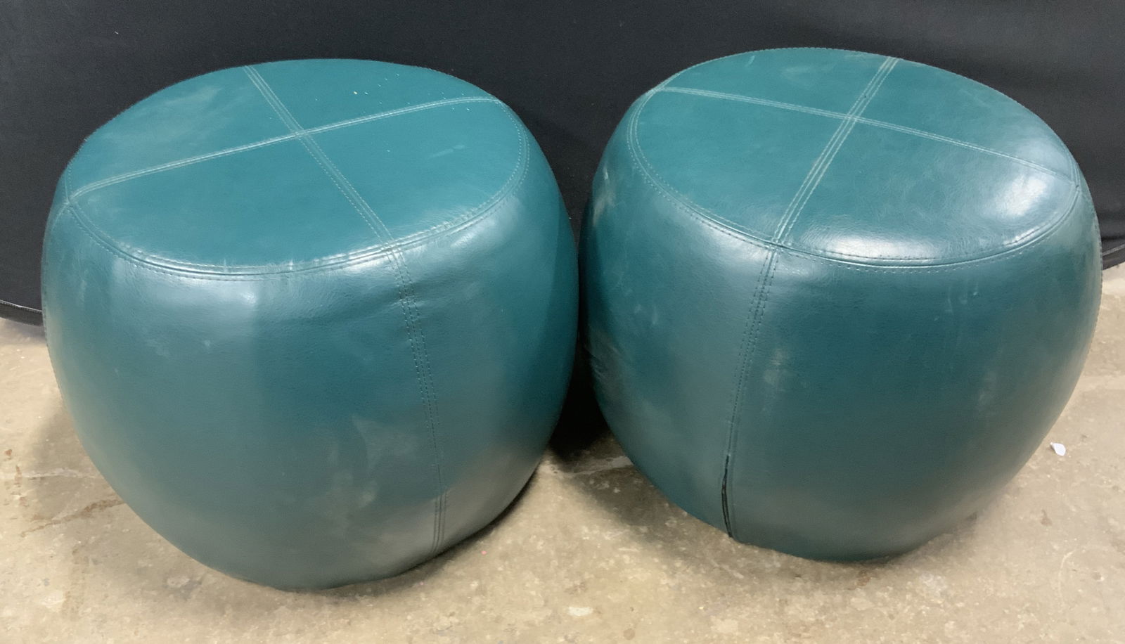Pair PIER 1 IMPORTS Green Leather Style Ottomans (1 of 10)
