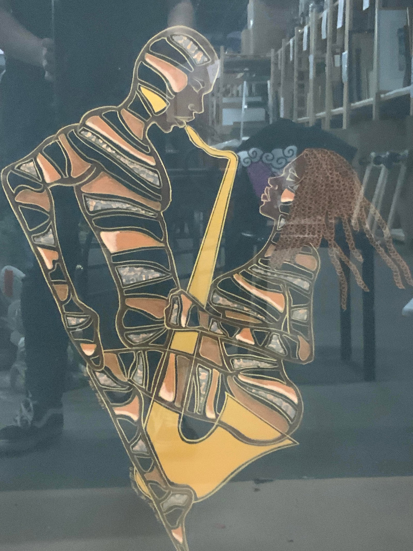 Sgd Mixed Media Music Makers Paper Art 2002 41in: Paper cut out and mixed media drawing of a man playing a saxophone, with a woman facing him and appearing to sit on the saxophone, eluding to love making. Signed on lower edge of image, illegible, pos