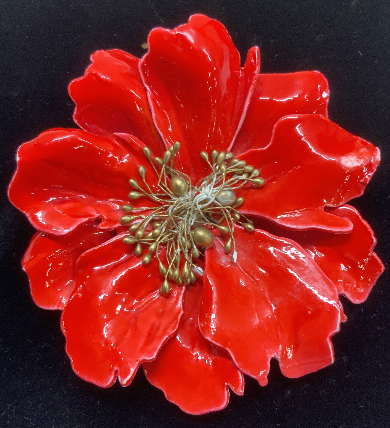 Oversized Lacquered Plaster Poppy Flower Brooch: Bright red lacquered hand made poppy brooch. 4.5 in. diameter. Mild lacquer cracks and light center pestles. Possibly made of plaster of Paris Large brooch, statement jewelry, Lacquered red poppy flow