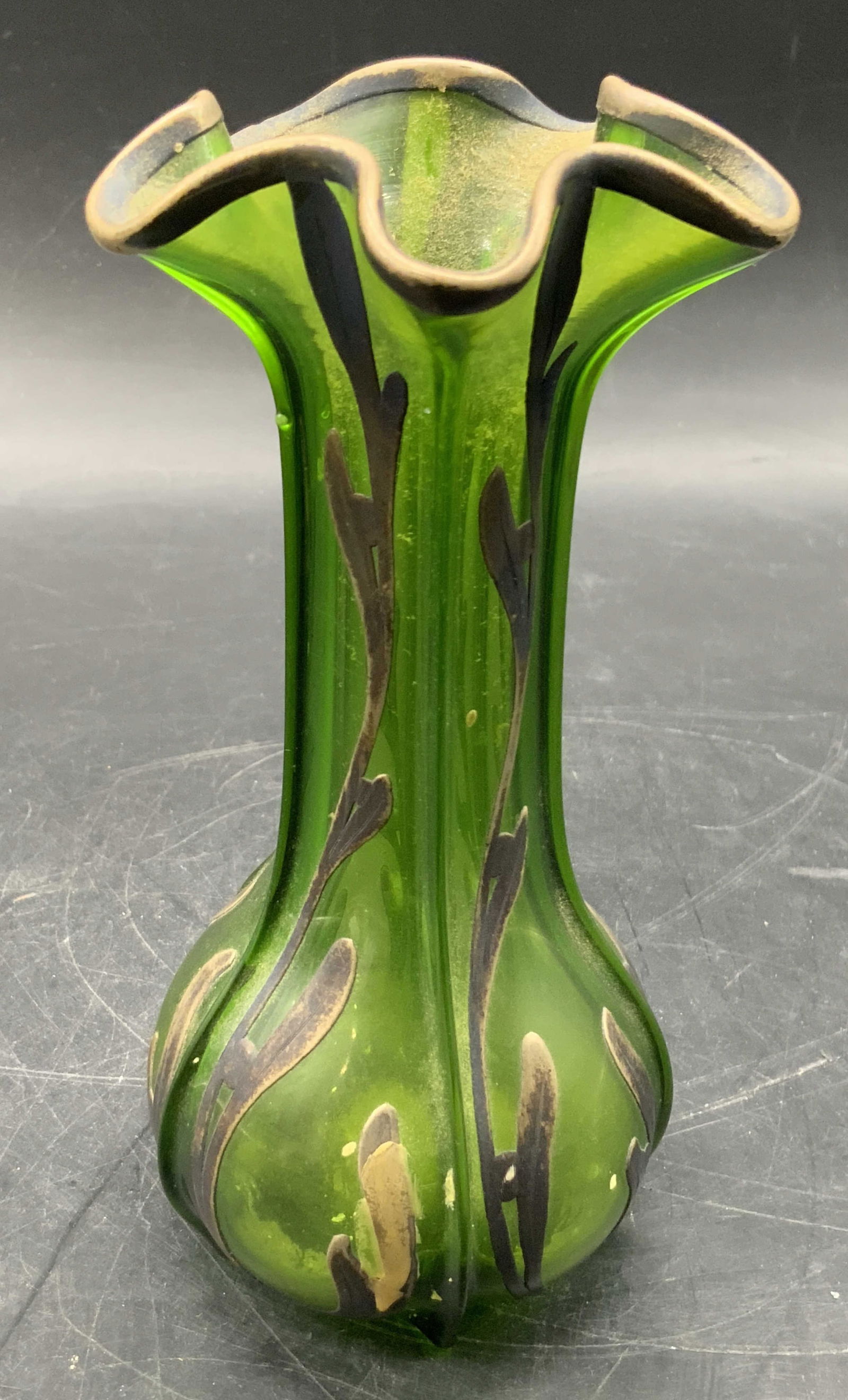 Green Art Glass Sterling Silver Overlay Ruffle Vase (1 of 7)
