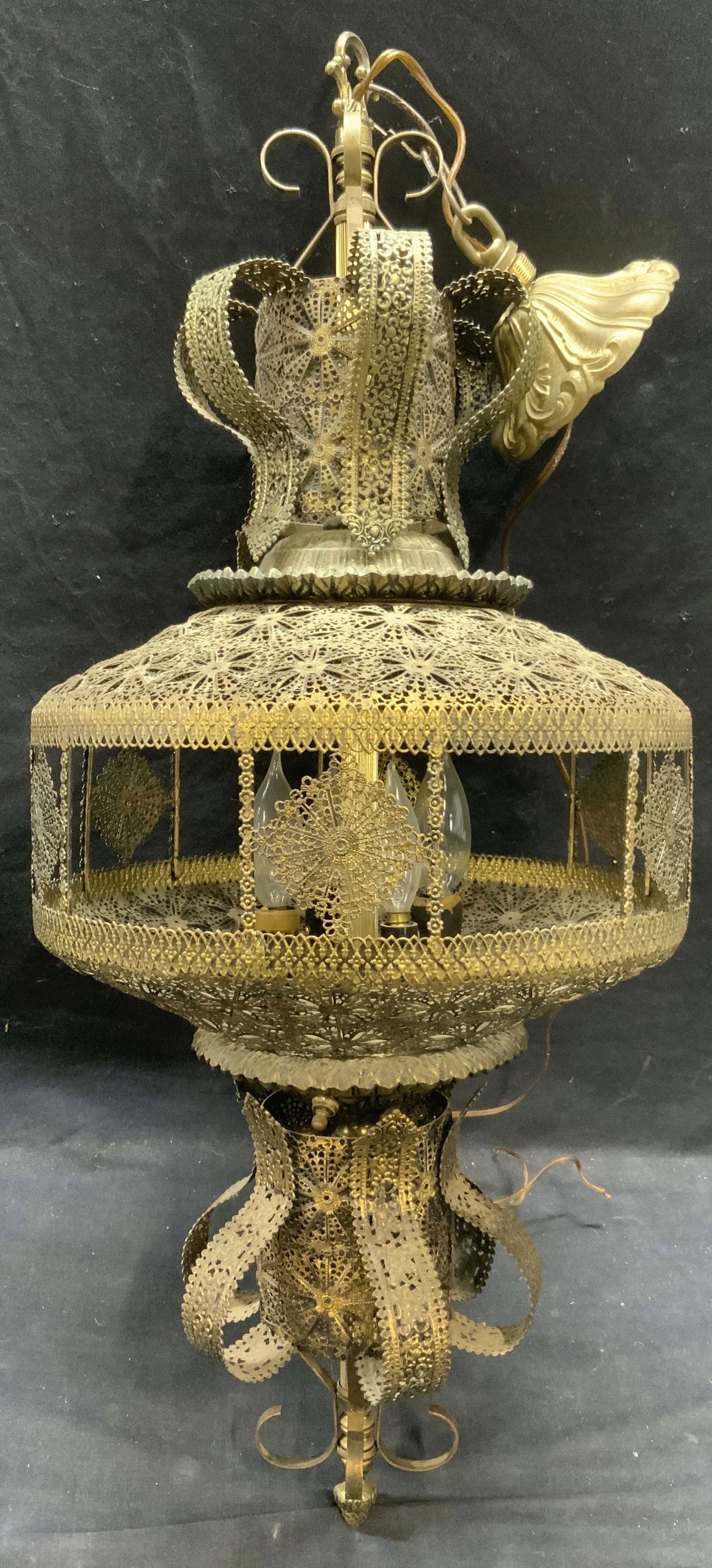Vintage Brass Filigree Chandelier Light Fixture (1 of 7)