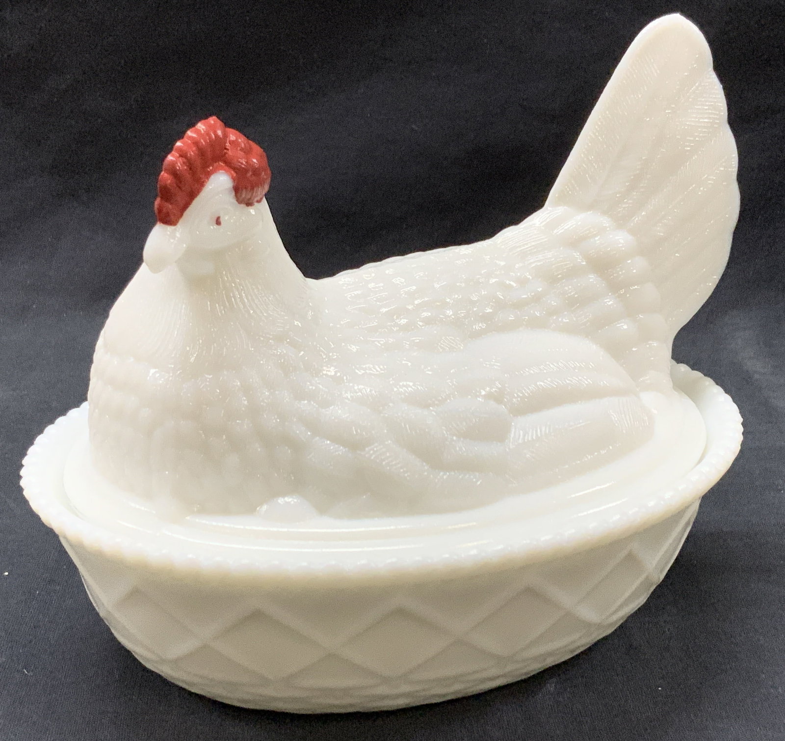Vtg Milk Glass Kitchen Lidded Bowl: Vintage milk glass bowl with lid resembling a kitchen with a red head. Approx 7 inches tall and 7.25 inch diameter. Moderate wearing to glass. Milk glass decor, milk glass, vintage milk glass, home de