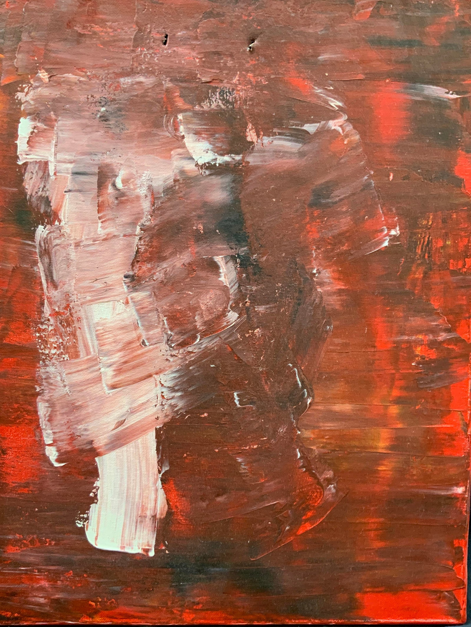 Abstract Oil Painting On Canvas: Canvas painting with layers of red and white paint in painterly brush strokes. No frame. Approx 16 x 20 inches. Evident tearing to canvas in areas. Fine art, art. Painting, oil painting, wall arts, ab