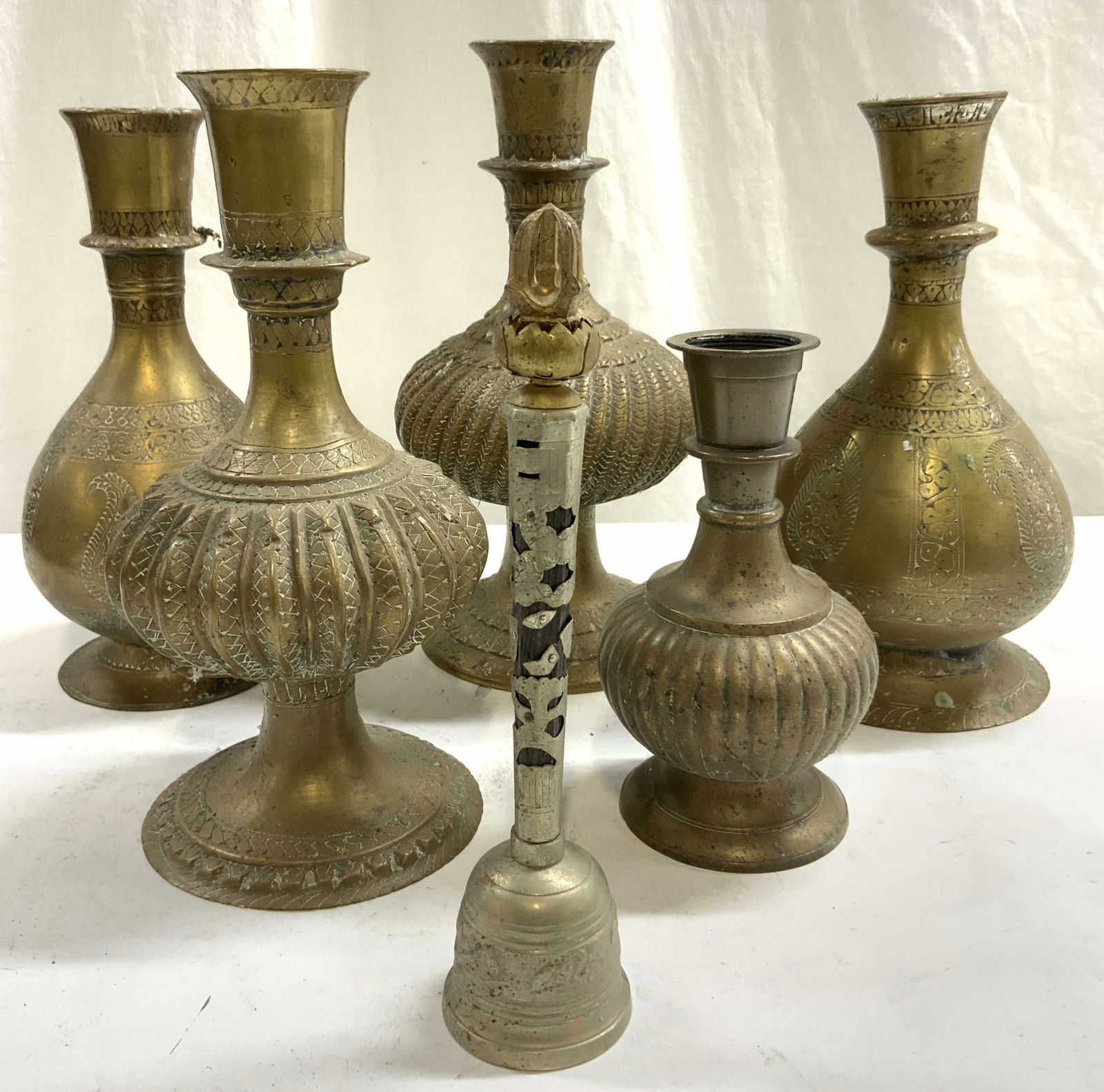 Lot 6 Vntg Brass Candlesticks & Metal Bell (1 of 8)