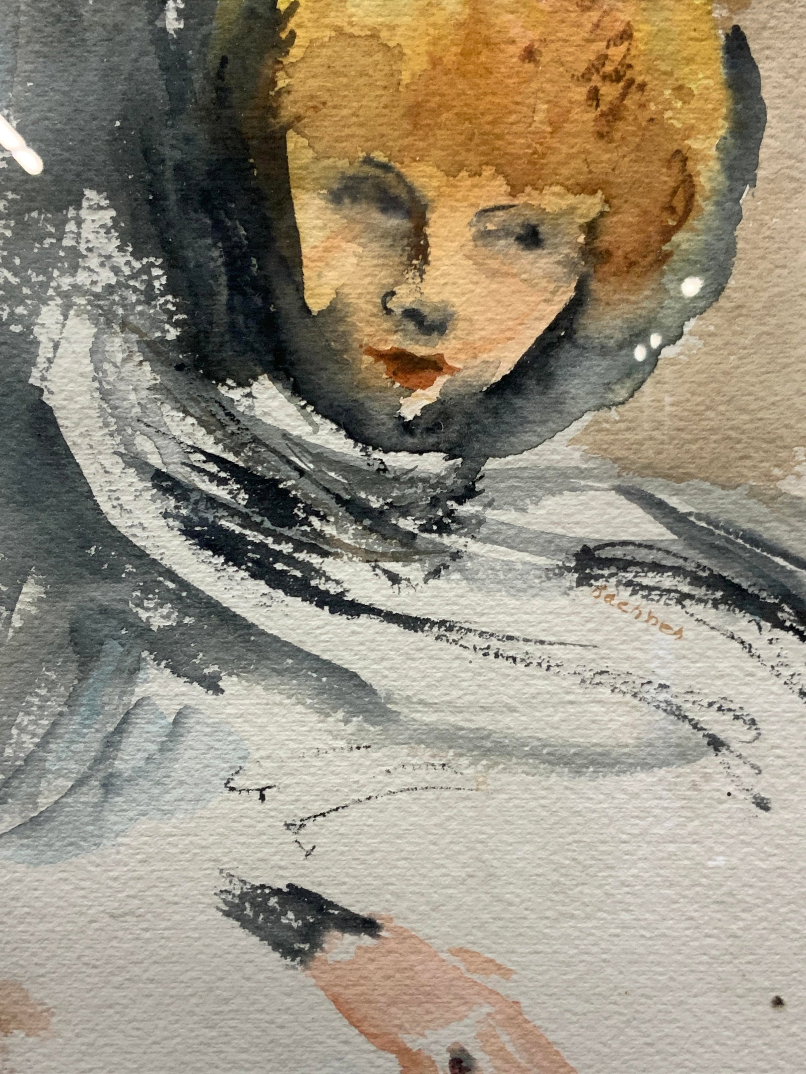 Vtg Woman Watercolor Painting: Vintage watercolor painting of a woman with blonde hair and head scarf in black. Framed in an etched brass frame, approx 14 x 11 inches window measures 9 x 7 inches. Moderate wearing to brass frame an