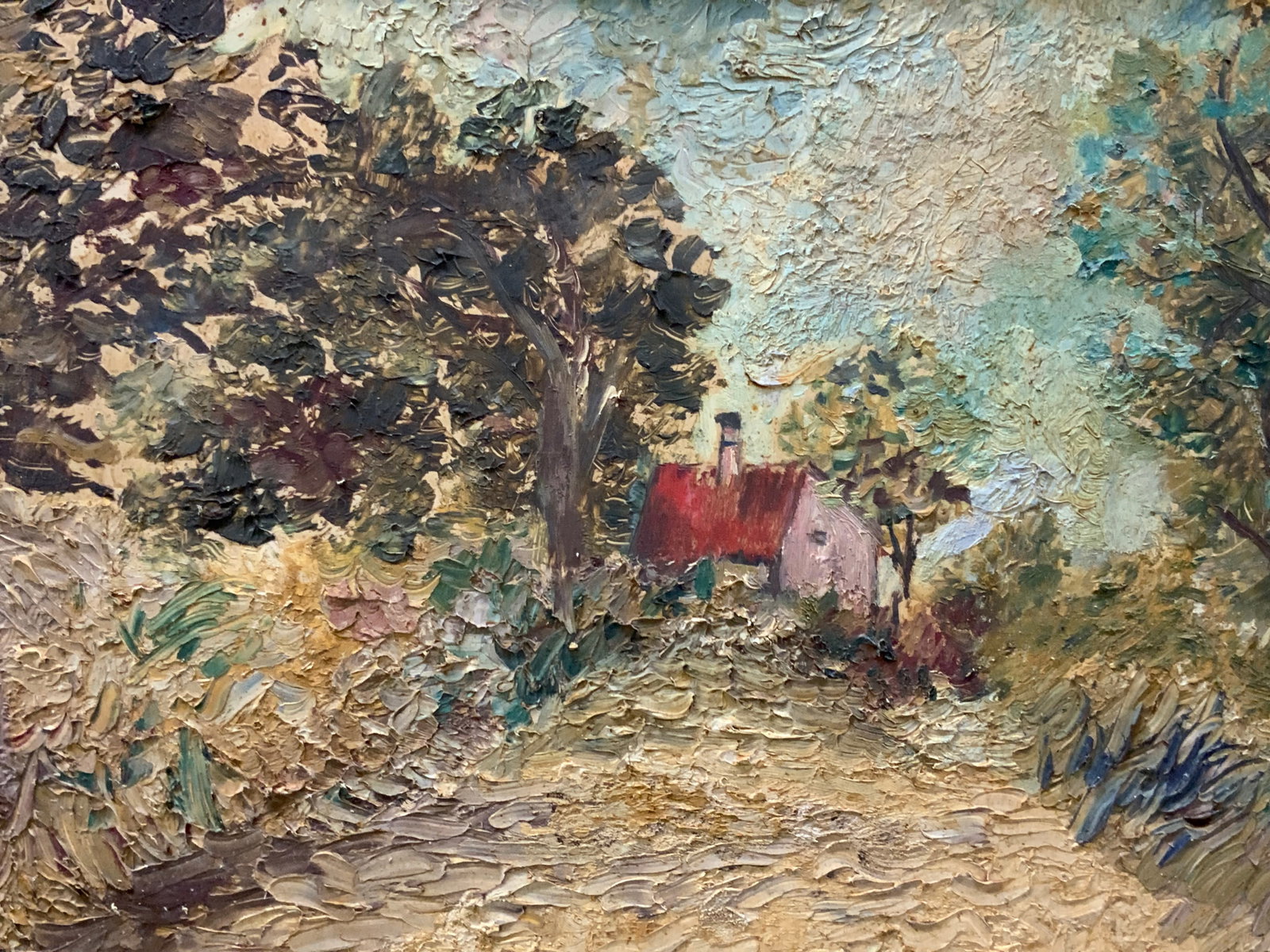 Sgd Vtg Landscape Oil Painting: Signed on lower right corner, Silver Depicts a dirt road with a house in the background. Framed in a white toned wooden frame approx 16 x 20 inches window measures 11.25 x 15 inches Evident discolorat