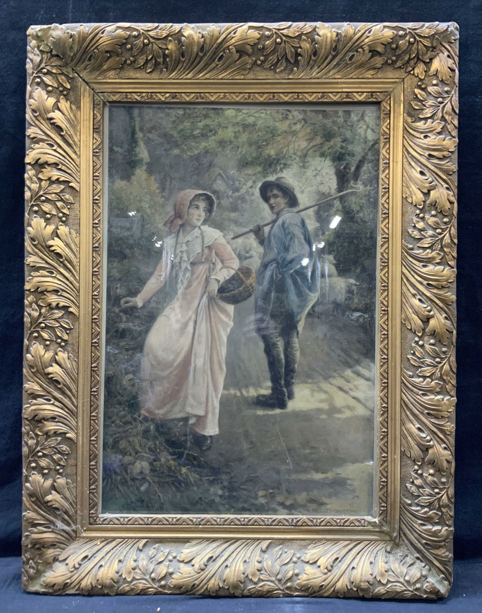 N.Presscott Davies 1904 Plate Engraving 29in: Marked N.Presscott Davies 1903 on right corner, upper corner measures published 1904, printer in Vienna. Depicts a young shepherd with a crook on his shoulder looking back at a young woman dressed in