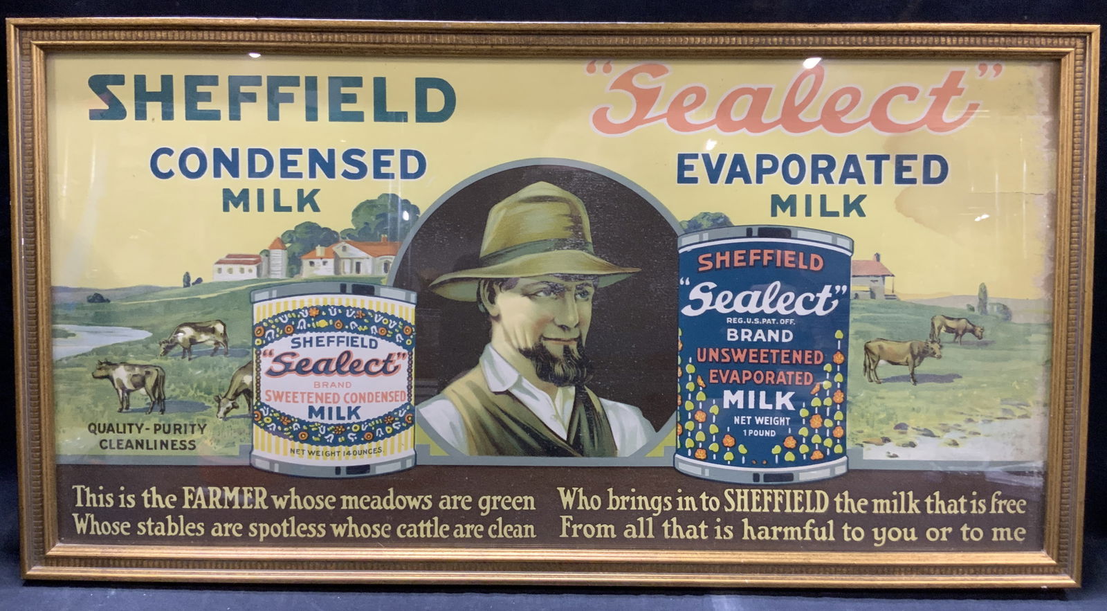 Vtg Silk Screen Condensed Milk Advert: Vintage silk screen advert for Sheffield Condensed and Evaporated milk, depicting the two cans of the milk with a diary farm in the background. Framed in a gold leafed wooden frame. Approximately 11 x