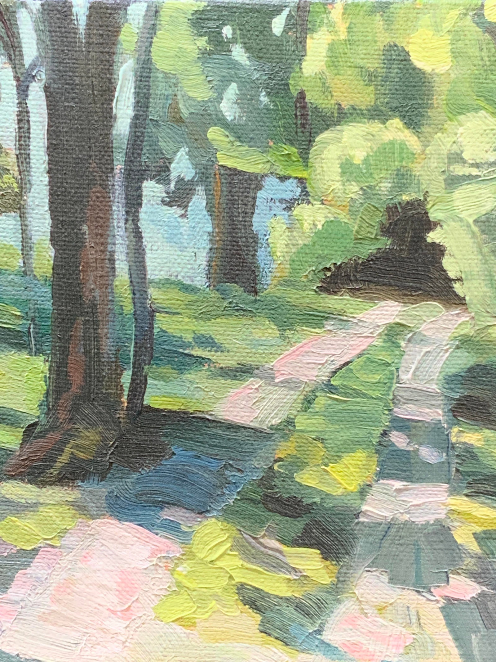 LDW Landscape Oil Painting On Canvas: Marked LDW 2009. Depicts a road within a forest. Framed in a black minimalist wooden frame approx 7.75 x 7.75 inches window measures 6 x 6 inches. Minor wearing to frame. Signed art, art, wall art, ho