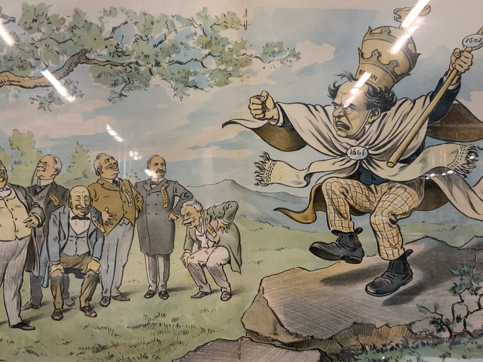 Puck Antq Cursing The Heretics Illustration: Marked Puck on upper margin, and reads cursing the heretics, depicts Byran in a crown and holding a scepter as he stomps his feet while yelling at the on lookers of Cleveland, Whitney, hill, Gorman,Pa