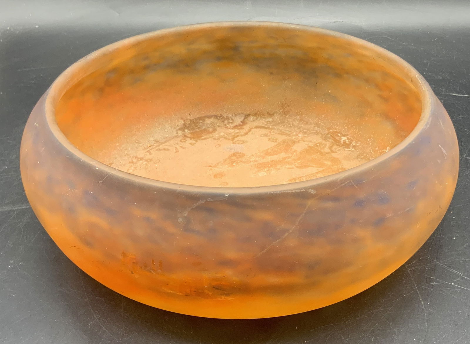 Muller Freres Luneville Sig Vintage Art Glass Bowl: Muller Freres, Luneville, circa 1920/1930s colorless glass, with yellow, brown and orange inclusions bowl. Signed on the side, partially worn appears to read Muller Freres, Luneville. Measures approx.