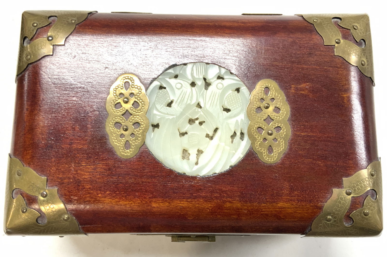 Wood & Brass Asian Hinged Jewelry Box w Jade (1 of 11)