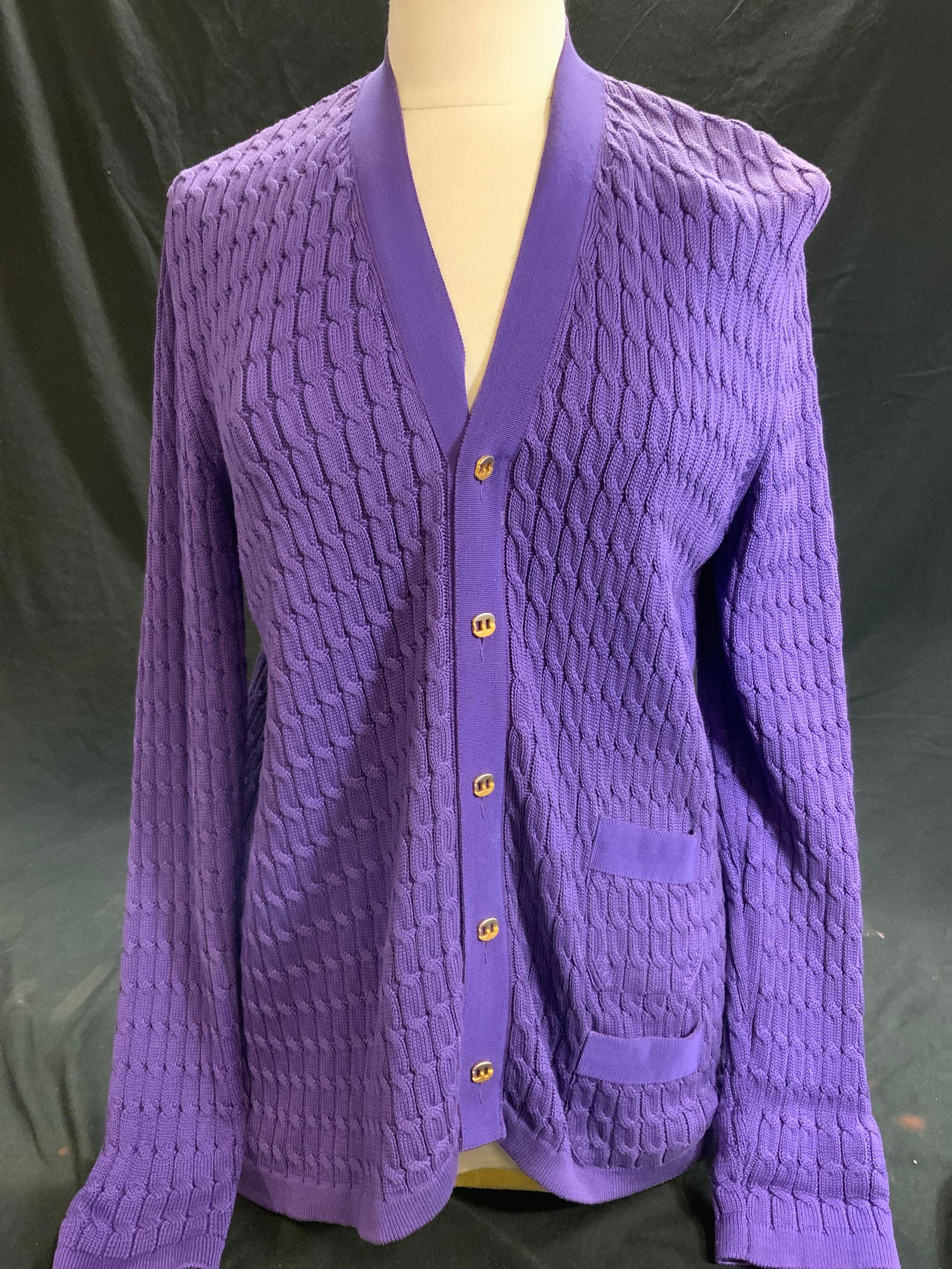 Salvatore FERRAGAMO Cable Knit Cotton Cardigan ITAL: Salvatore FERRAGAMO Bright purple cable knit cardigan, size XL. Vintage luxury garment , made in Italy. Brushed Galton Rand silver tone metal buttons. 27 in. Long. Shoulder a bit stretched by hanger.