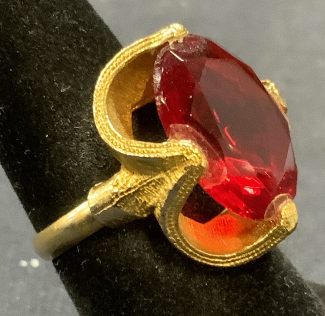 Gold Tone Red Crystal Cocktail Ring (1 of 6)