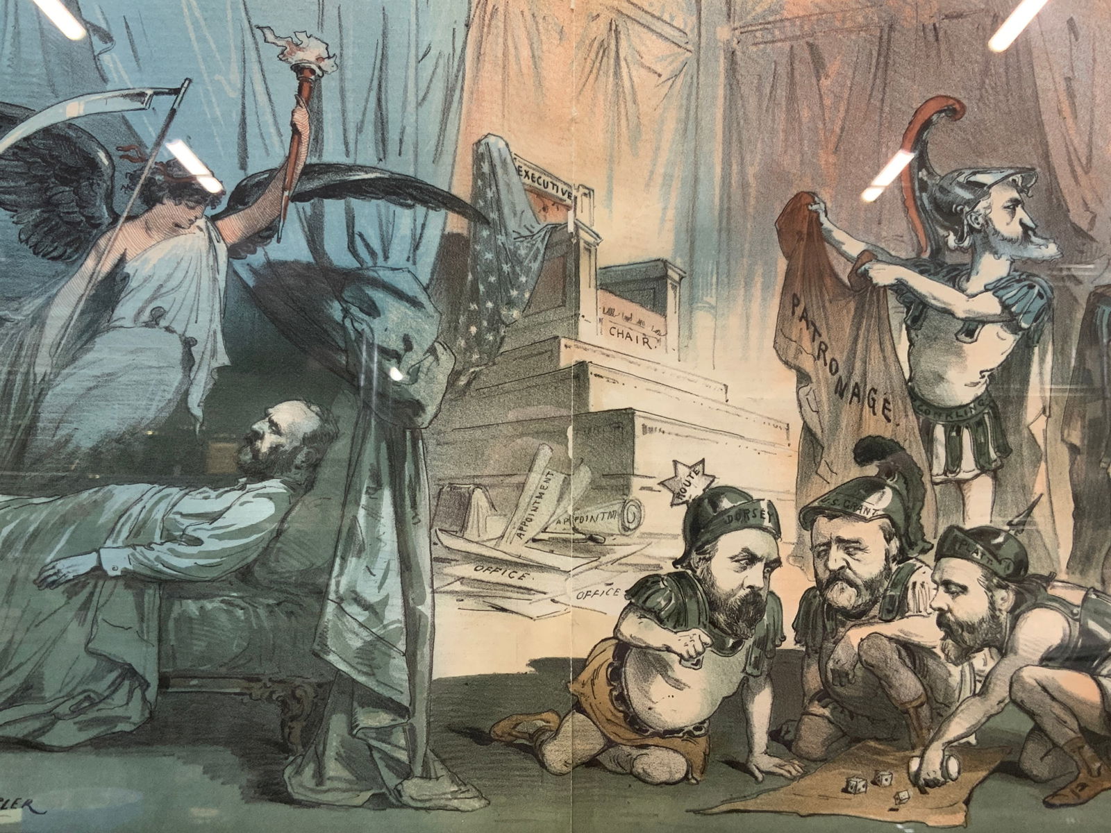 Antq Puck Magazine Keppler Political Illustration: Antique possibly, vintage political illustration marked Puck on top margin and reads A humiliating Spectacle. Marked J. Keppler as Artist. Depicts an older man in a bed with an angle of death with a s