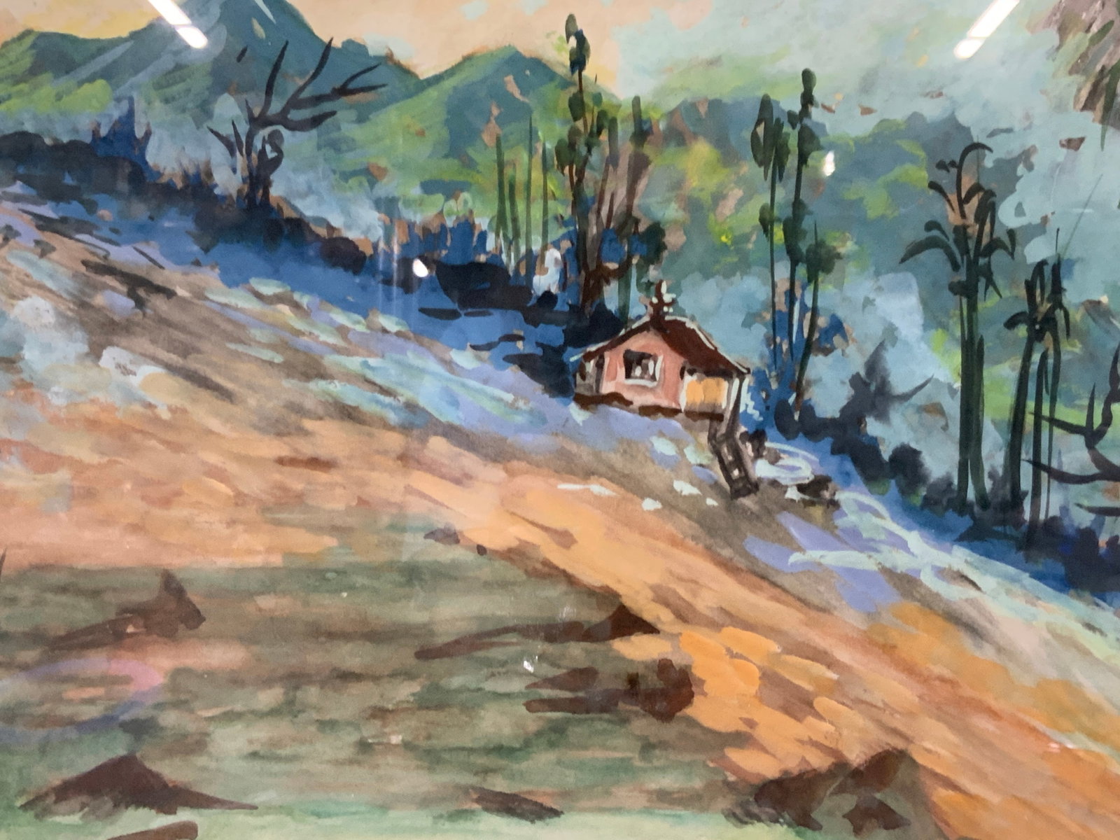 Silver Sgd Gouache Landscape Painting: Signed on lower right corner Silver Depicts a landscape of a hill with a house in the distance with a forest. Framed in a black wooden frame with off white mar board approx 15 x 22 inches window measu