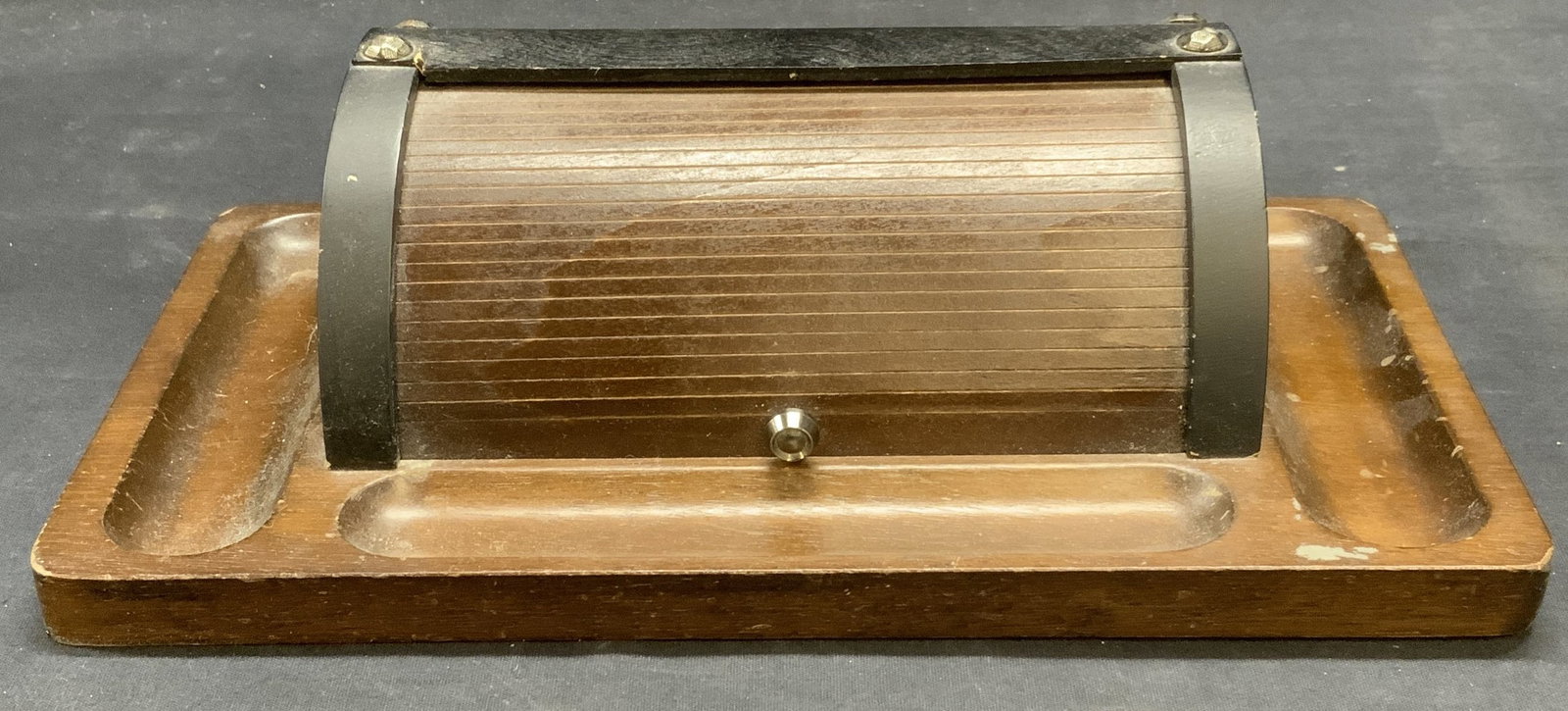 Vintage Wood Roll Top Dresser Valet, Japan: Vintage wood roll top dresser valet with 3 exterior compartments and covered box. Measures approx. 12 x 6.5 x 3.5 inches. Made in Japan. Some surface wear including scratching observed. Valet, dresser