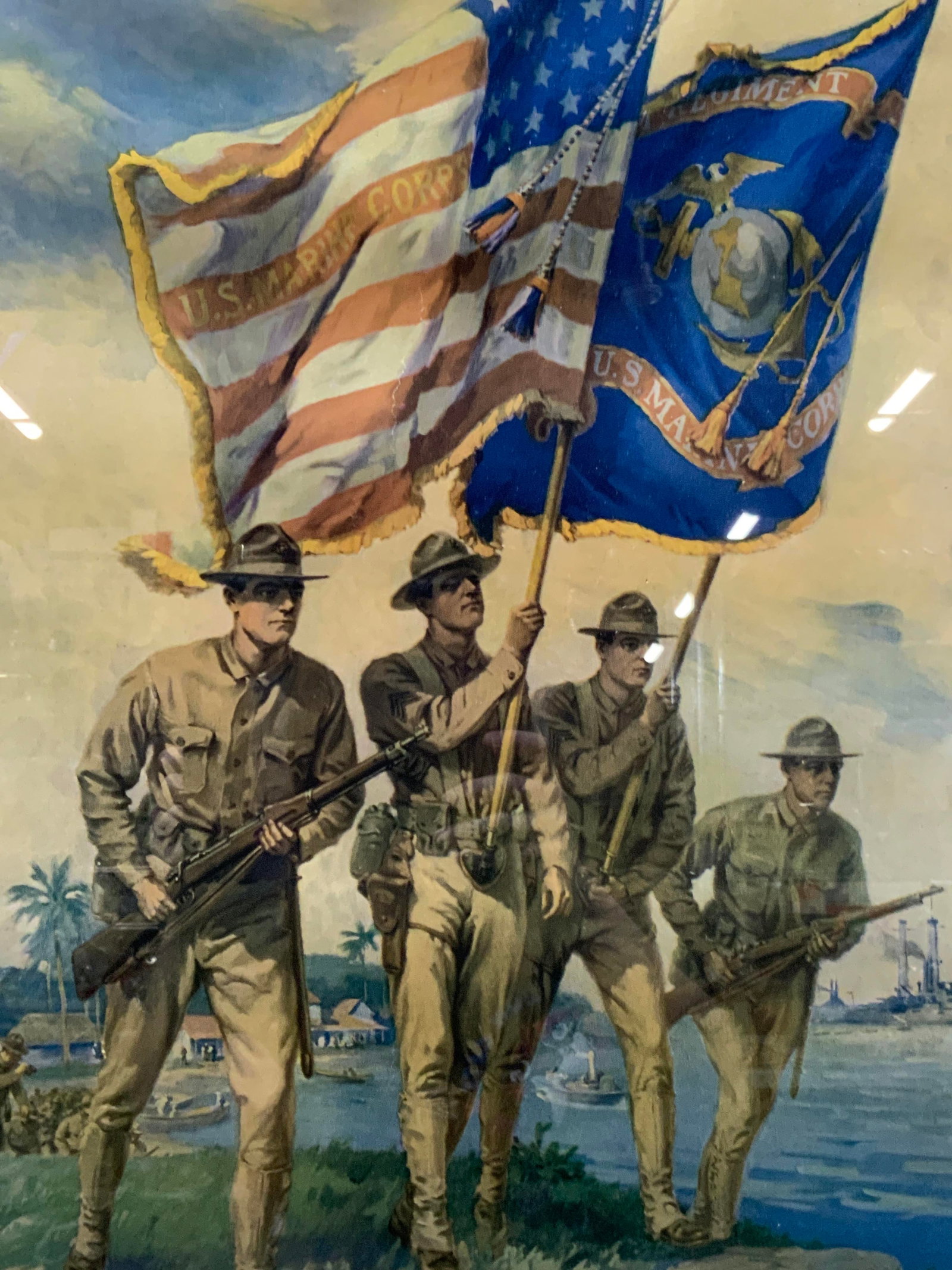 U.s Marine Corp Lithograph: Lithograph of four marines in vintage fatigues holding flags that read U.S, Marine Corp. Framed in a red toned dark wooden frame with off white mat board. Approx 33 x 27 inches window measures 19 x 14