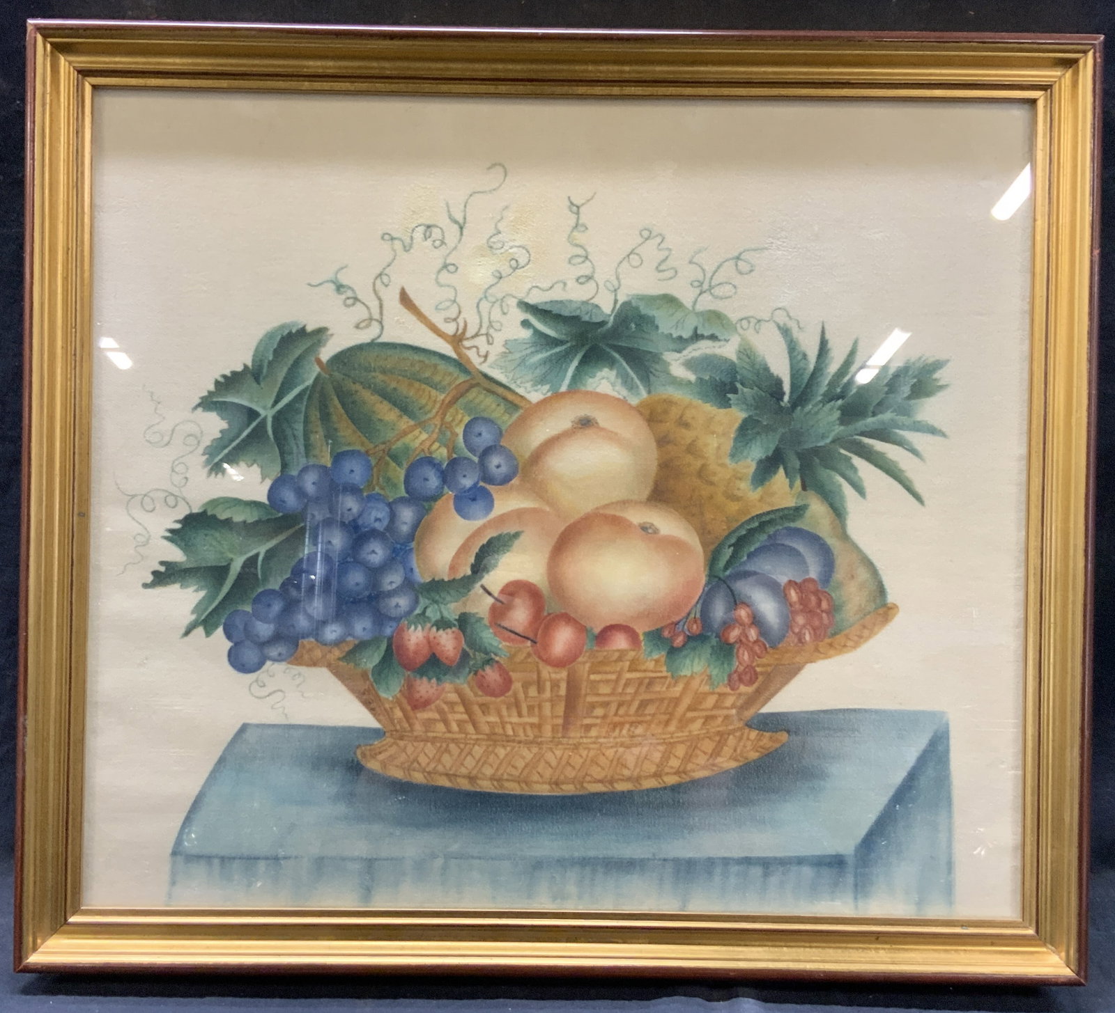 Vtg Theorem Stencil Painting On Velvet: Vintage stencil painting on velvet with watercolor still life depicting a basket with various fruits on a table. Framed in a gold leafed wooden frame. Approx 17 x 19 inches window measures 15 x 17 inc