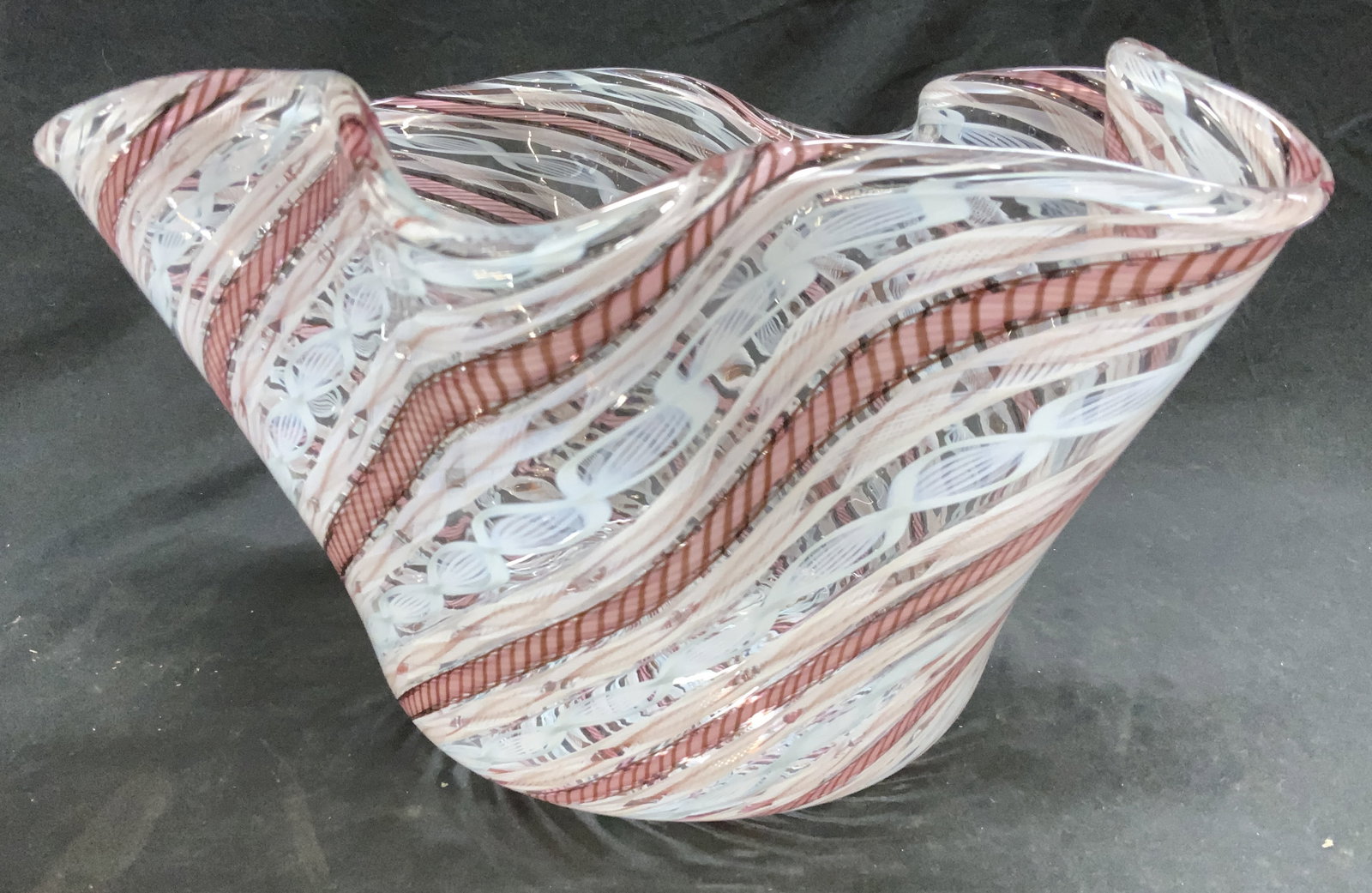 MURANO LATTICINO Blown Glass Centerpiece Bowl ITAL: MURANO Handkerchief latticino blown glass centerpiece bowl, clear, pink, and white glass XL bowl. Possibly vintage Venini MURANO. Measures approx 13 in. Wide x 6.75 in. tall. Curved smooth rim, pontil