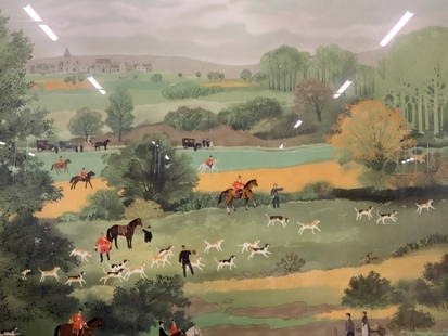 Michel Delacroix Sgd Hunting Silk Screen: Signed on lower margin in graphite Michel Delacroix, marked LX, Depicts a landscape with various men in red coats on horse back with hunting dogs running into the woods Framed in a orange toned