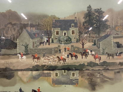 Michel Delacroix Sgd The Hunt Silk Screen: Signed on lower margin in graphite Michel Delacroix, marked LX/CL Depicts a landscape with various men in red coats on horse back with hunting dogs outside of a manor with men sounding trumpets, sendi