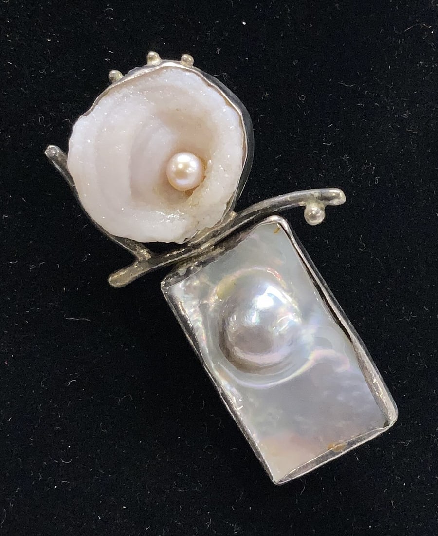 Hand Crafted Sterling Silver Sgn Pearl Druzy Brooch (1 of 6)