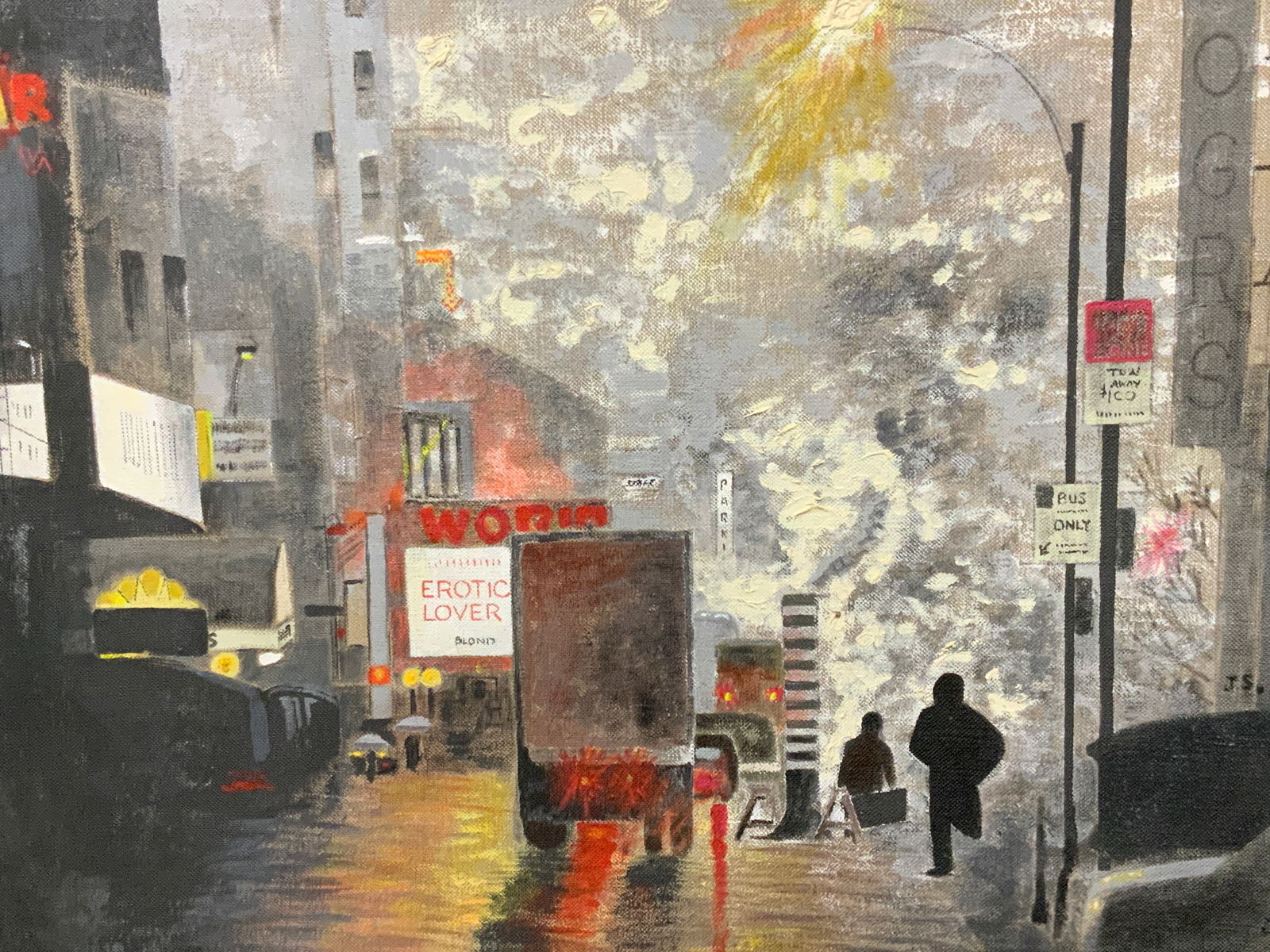 Vtg J.S. Sgd Night Scene Oil On Burlap, 1995 46in (1 of 11)