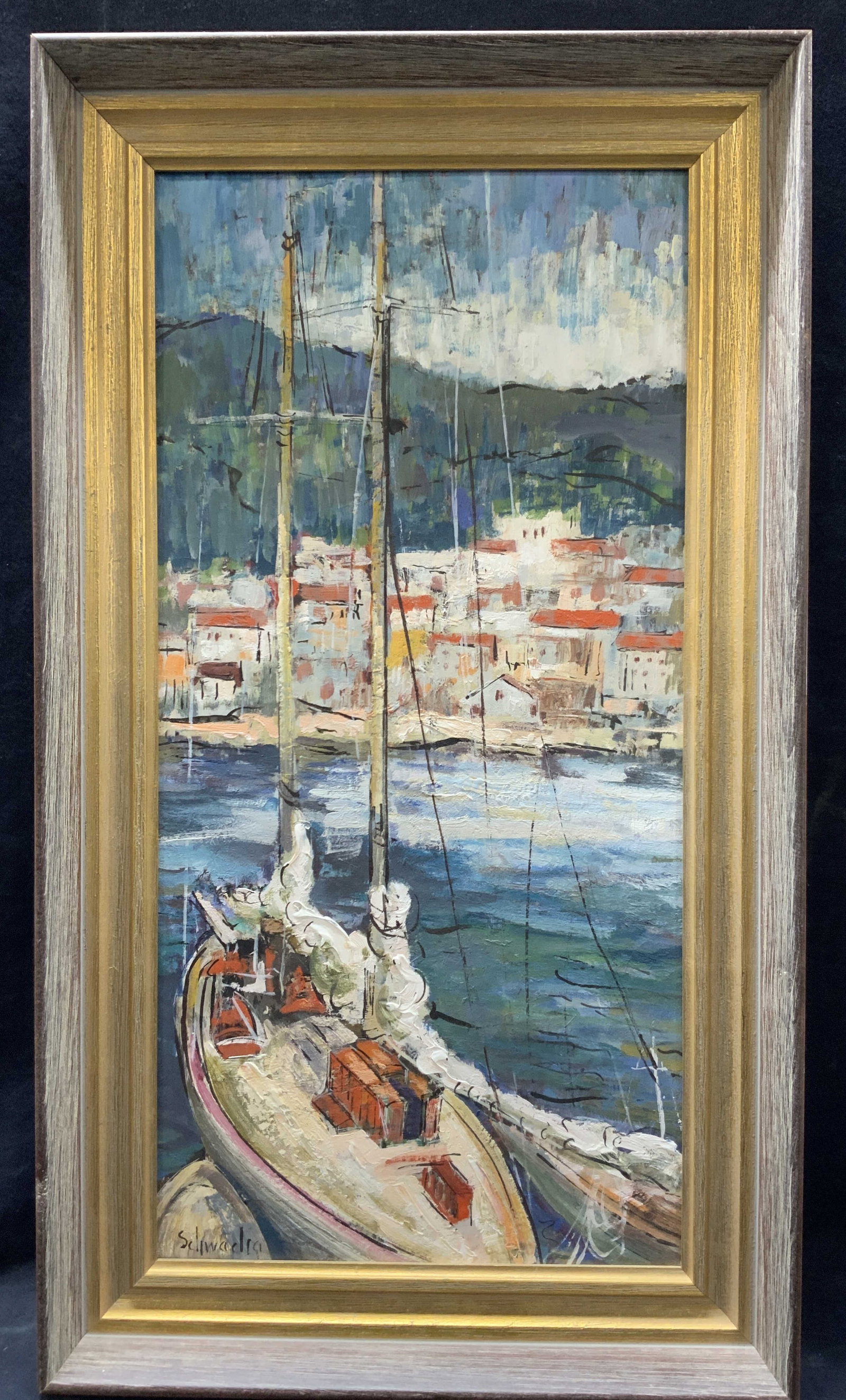 Sgd Sail Boat Oil Painting: Signed on lower left corner Schwadra. Depicts a view of a sail boat on the ocean with a European city in the background. Framed in a brown wooden frame with gold leafed inner panel. Approx 27.5 x 15 i