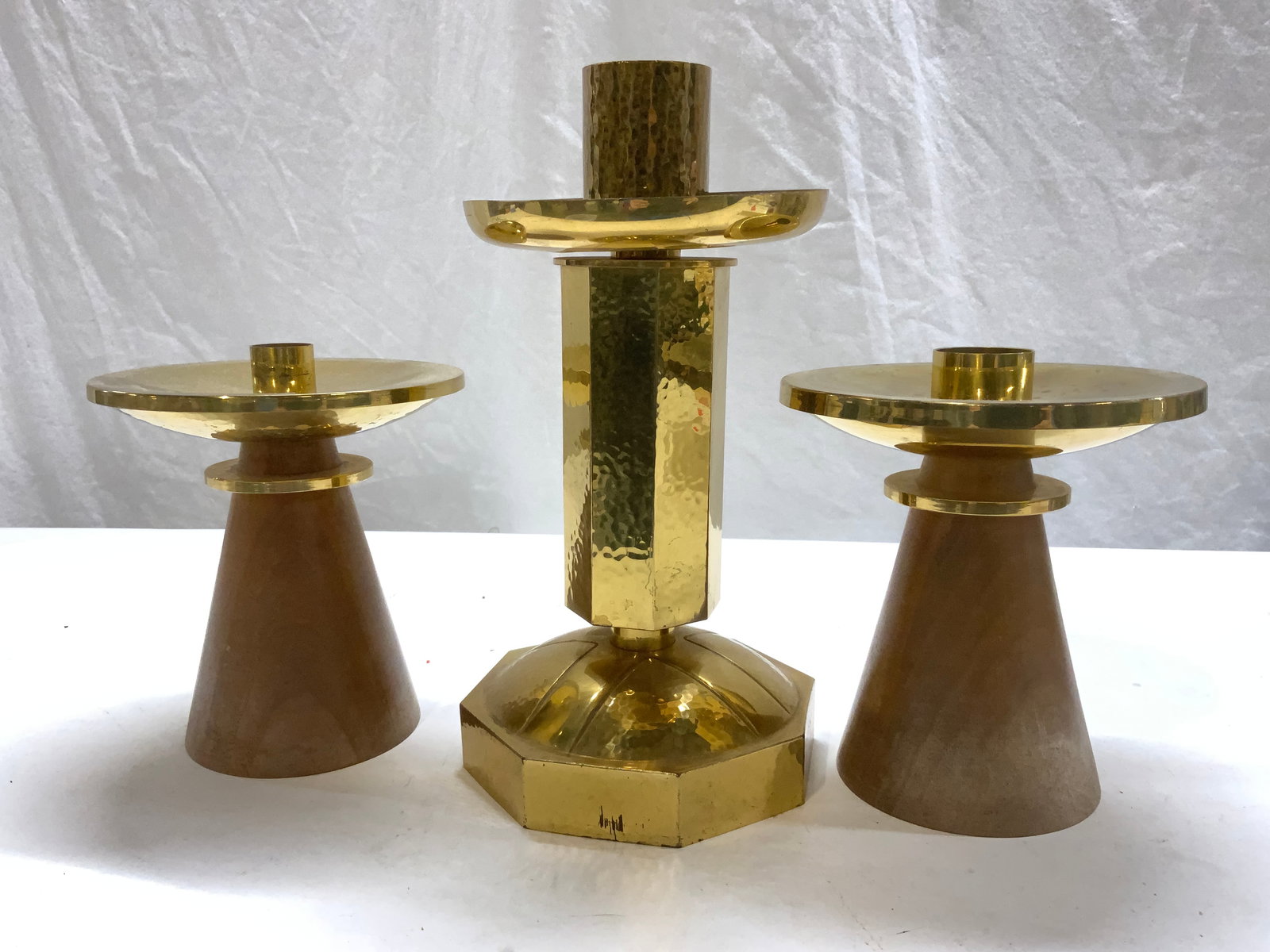 3 Mid Cent Modern Brass/Wood Candle Holders, Swiss (1 of 10)