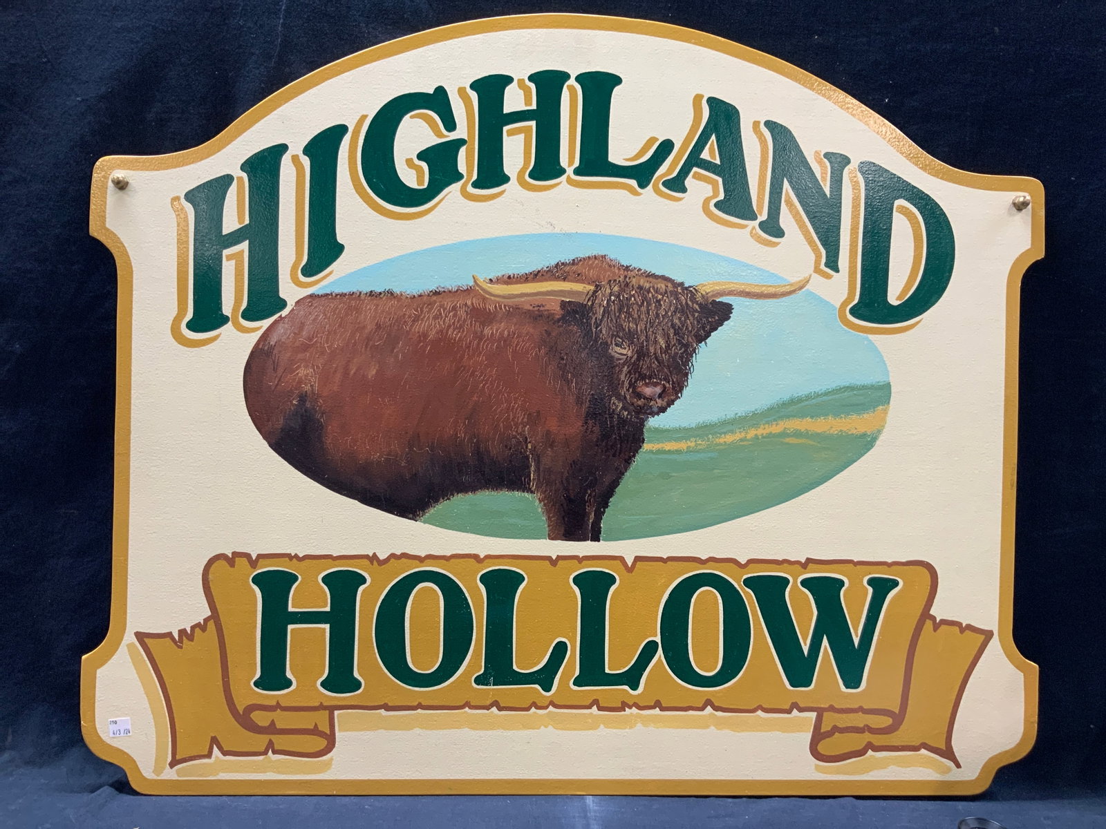 Hand Painted Highland Hollow Farm Sign 36in: Hand painted farm sign, original crates for a highland cow farm in Westchester County N.Y. reading highland Hollow. Painted with a highland cow in the center. Approx 30 x 36 inches. Moderate wearing a
