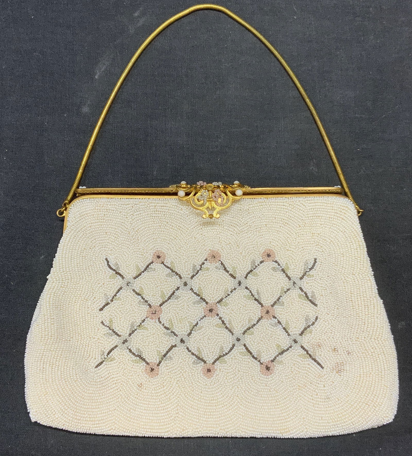 Vintage White Beaded Floral Handbag, France (1 of 9)