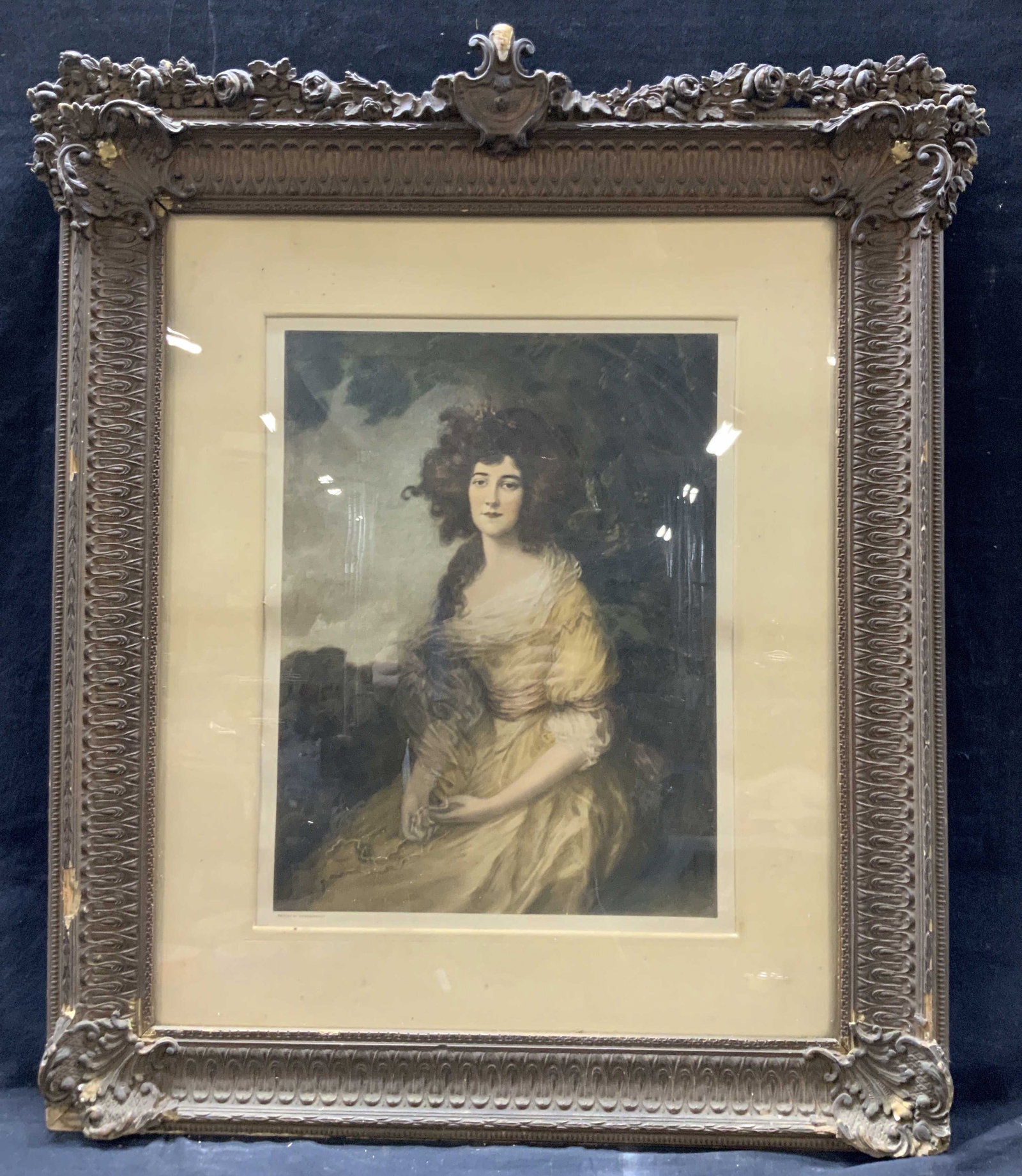 Gainsborough Antq Mezzotint Of Mrs. Sheridan: Antique printer mezzotint Engraving portrait of a Mrs.Sheridan, seated and dressed in a yellow gown with brown Curly hair against a forest background Marked on lower left corner Printed by Gainsboroug