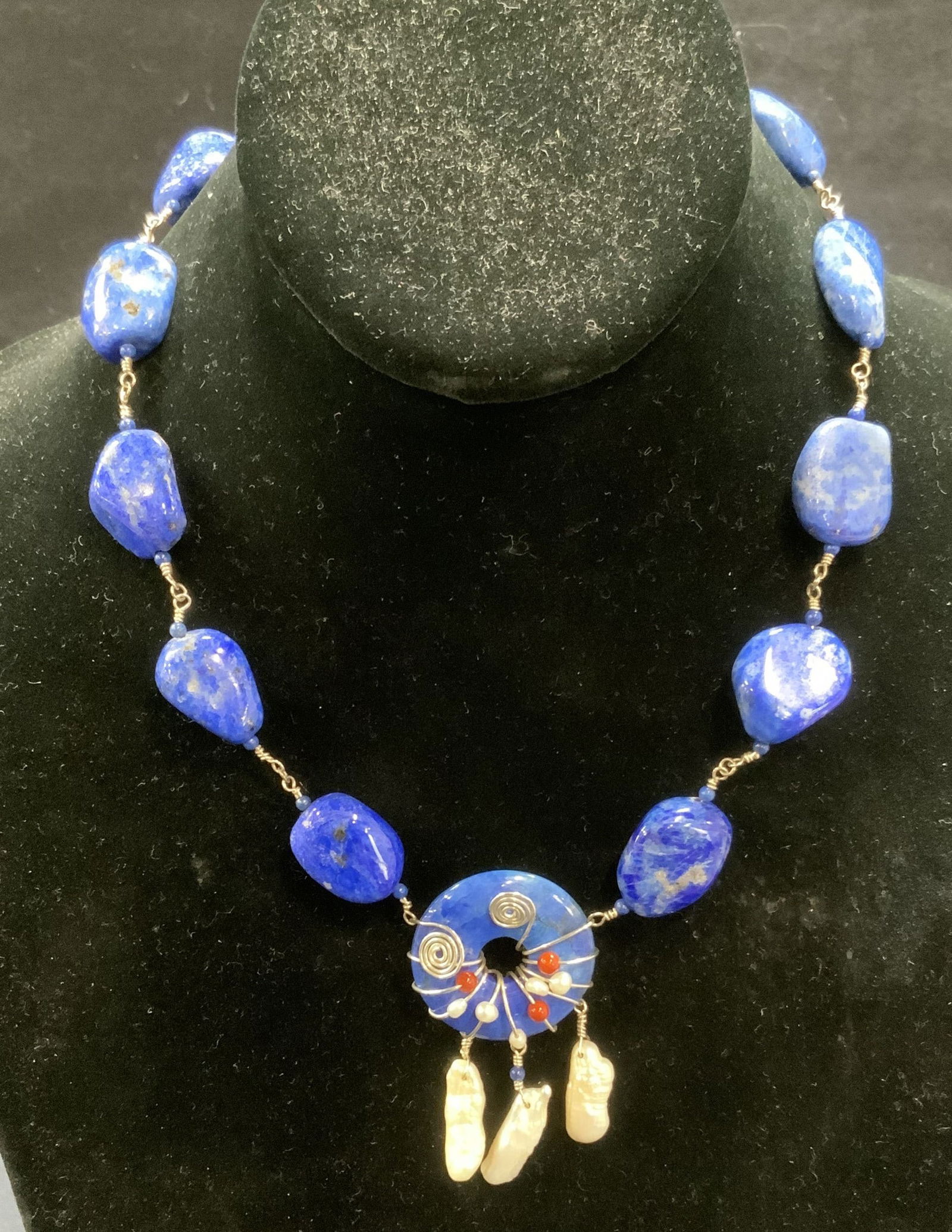 Vtg Sterling Silver Lapis & Pearl Necklace (1 of 6)