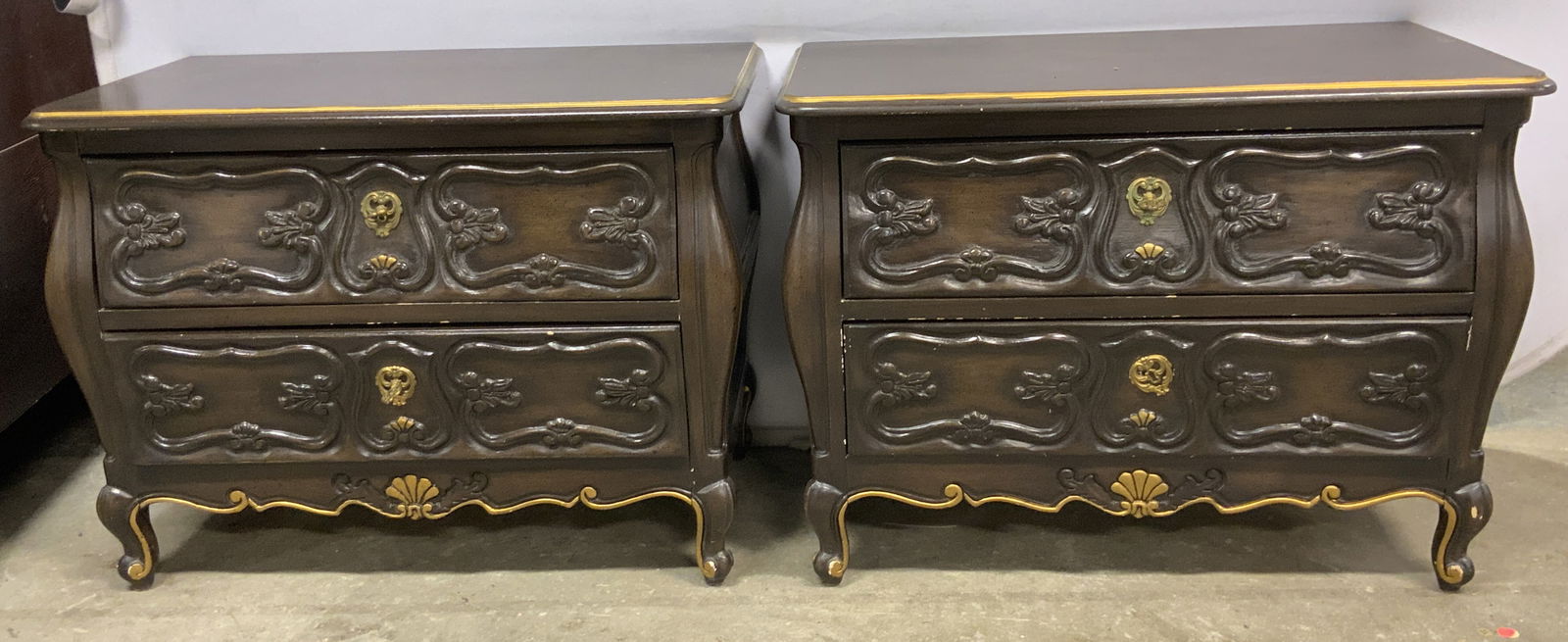 Pair SEMINOLE FURNITURE Carved Bombe Chests (1 of 11)