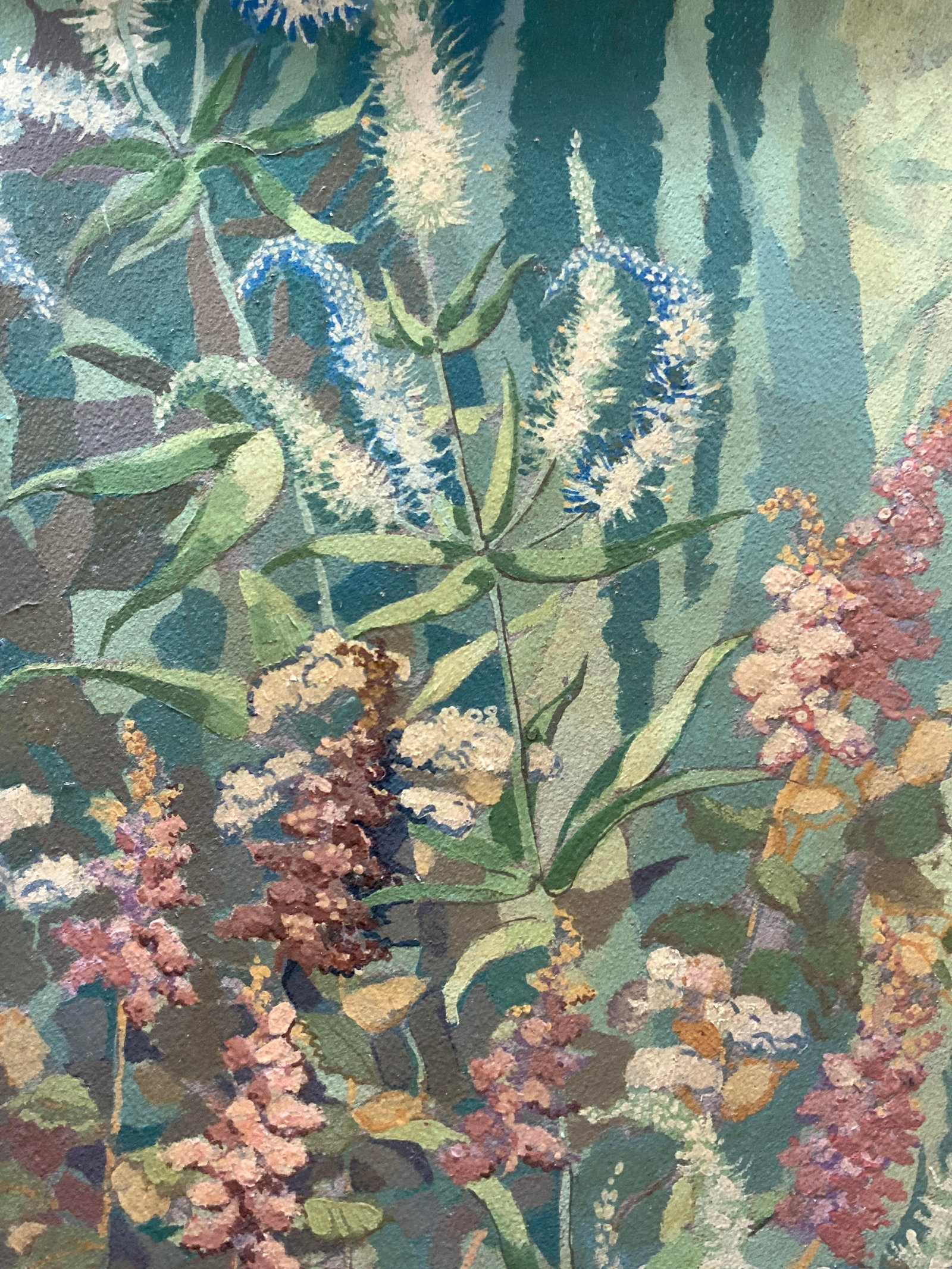Signed Scott Acrylic Botany Painting On Board 28in: Signed on lower left corner, possibly reads Alan Scott Depicts an acrylic painting on various colored flowers against a green leaves and background. Framed in a white wooden frame approx 28 x 20.5 inc