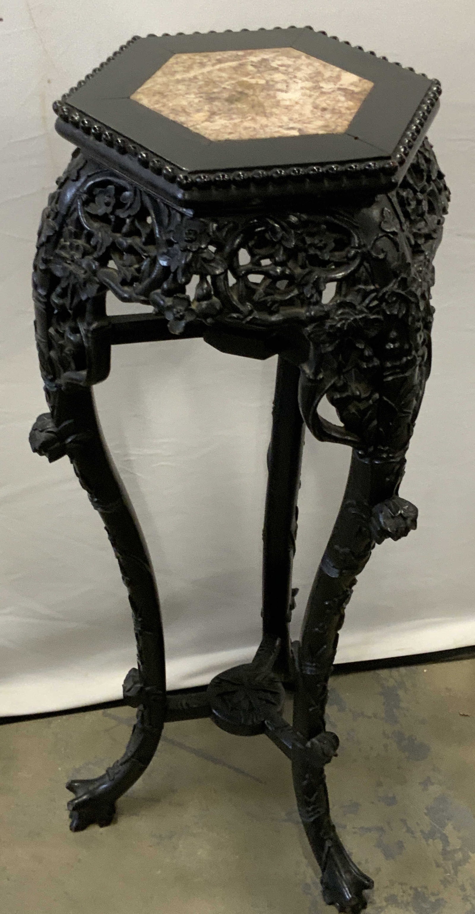 Vintage Asian Hand Carved Wood & Marble Side Table (1 of 10)