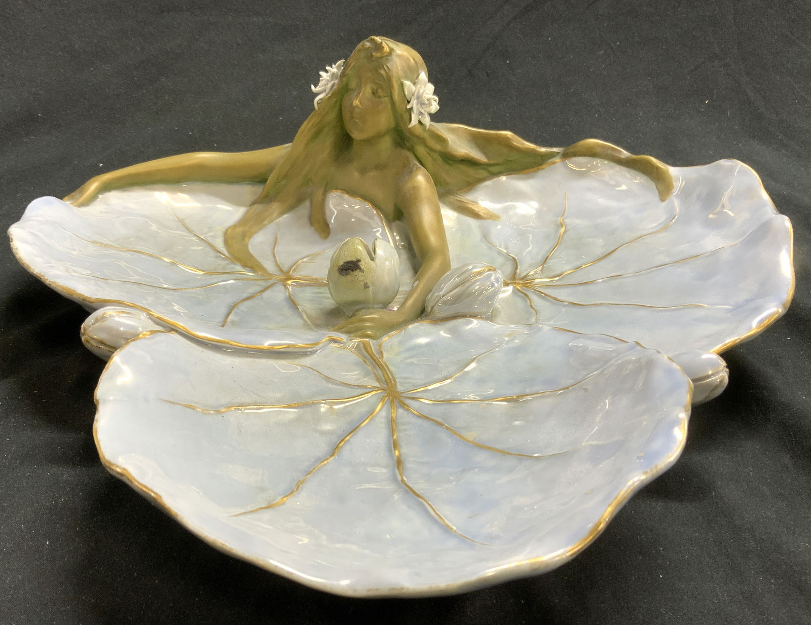 ERNST WAHLISS Art Nouveau Lily Pad Dish W Female Fig (1 of 8)