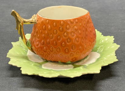 2 Antq Porcelain Strawberry Teacup & Saucer