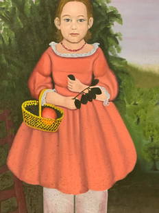 Vintage Child Portrait Oil Painting: Vintage oil painting portrait of a young girl in a garden in a pink dress with a basket on her elbow with a fruit branch in her hand. Framed in a dark toned wooden frame with linen matting Approx