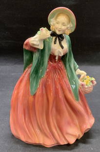 Royal Doulton Lady Charmian China Figural: Vintage Royal DOULTON Lady Charmian bone china figurine in pink. Hand painted. Trademarked to underside. Made in England. Measures approx. 6 x 5.5 x 8 inches. Some surface wear including scratching ob