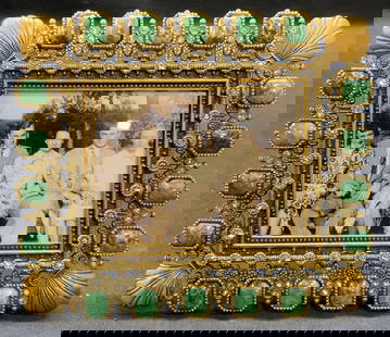 Berebi Limited Edition Brass Crystal Picture Frame: Berebi limited edition brass picture frame with green cabochon and colorless crystal decoration. Embossed raised surface. Trademarked to underside. Measures approx. 4.5 x 5 inches. Some surface