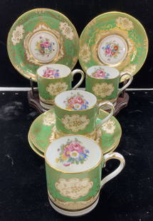 Crown Staffordshire Fine China Demitasse Set 8: English fine bone china, hand painted in green and gilt with colorful flowers, gilt scrolls and other Victorian patterns. 4 demitasse cups and 4 saucers , hallmarked Crown Staffordshire - Made