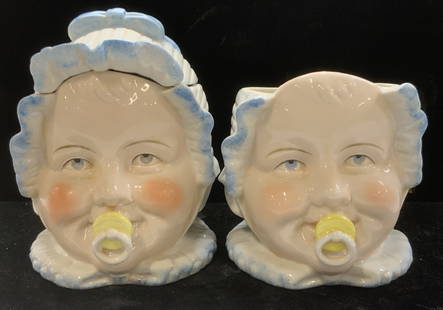 Pair Porcelain Baby Face Jars, 3 pcs NIB Germany: These are baby face tobacco jars ( the original use) but can be used for anything. Baby boy face with pacifier and bonnet. only 1 has a lid. These appear never used and come in shipping boxes with sty